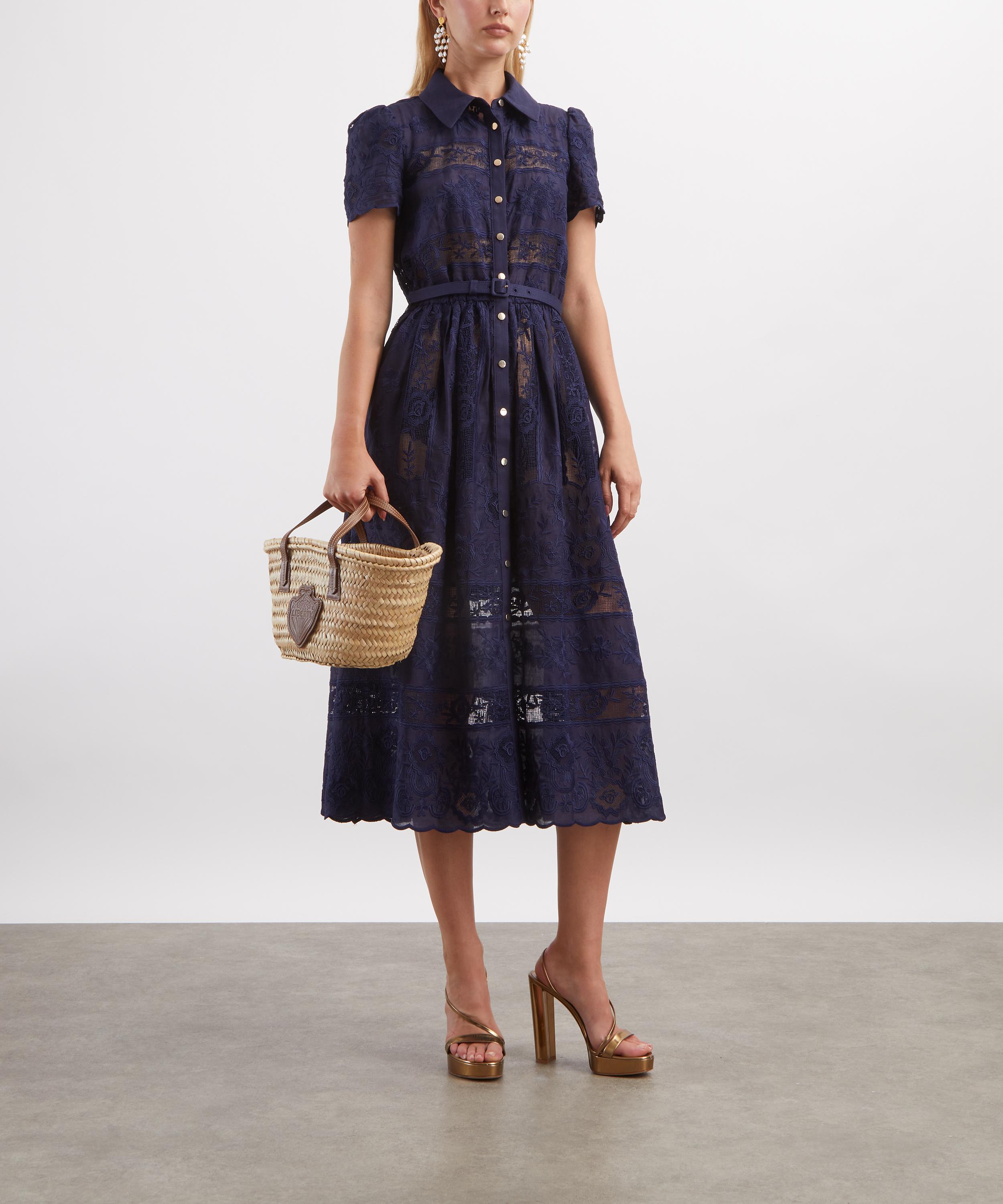 Self-Portrait - Navy Ramie Collared Midi Dress image number 1