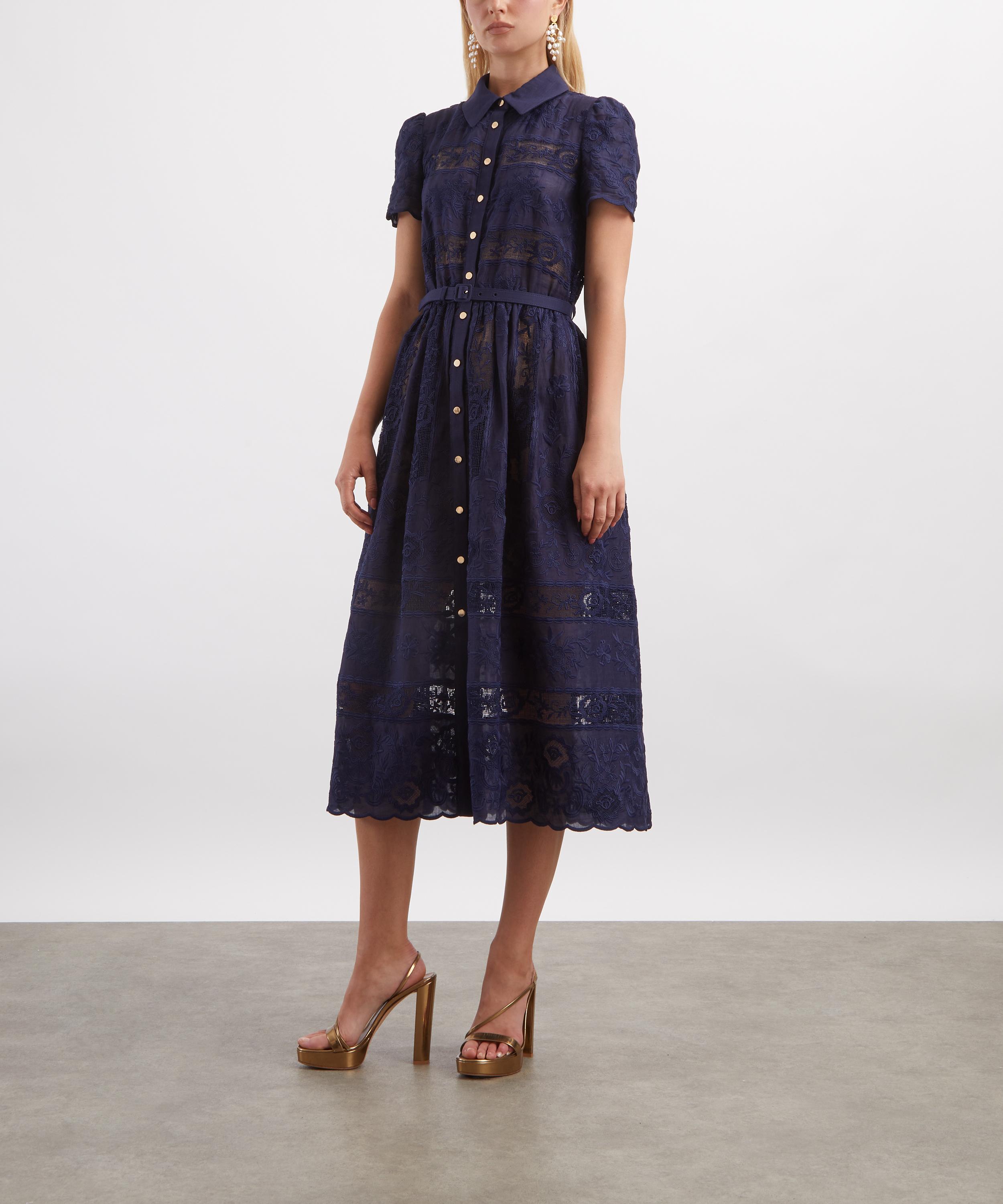 Self-Portrait - Navy Ramie Collared Midi Dress image number 2