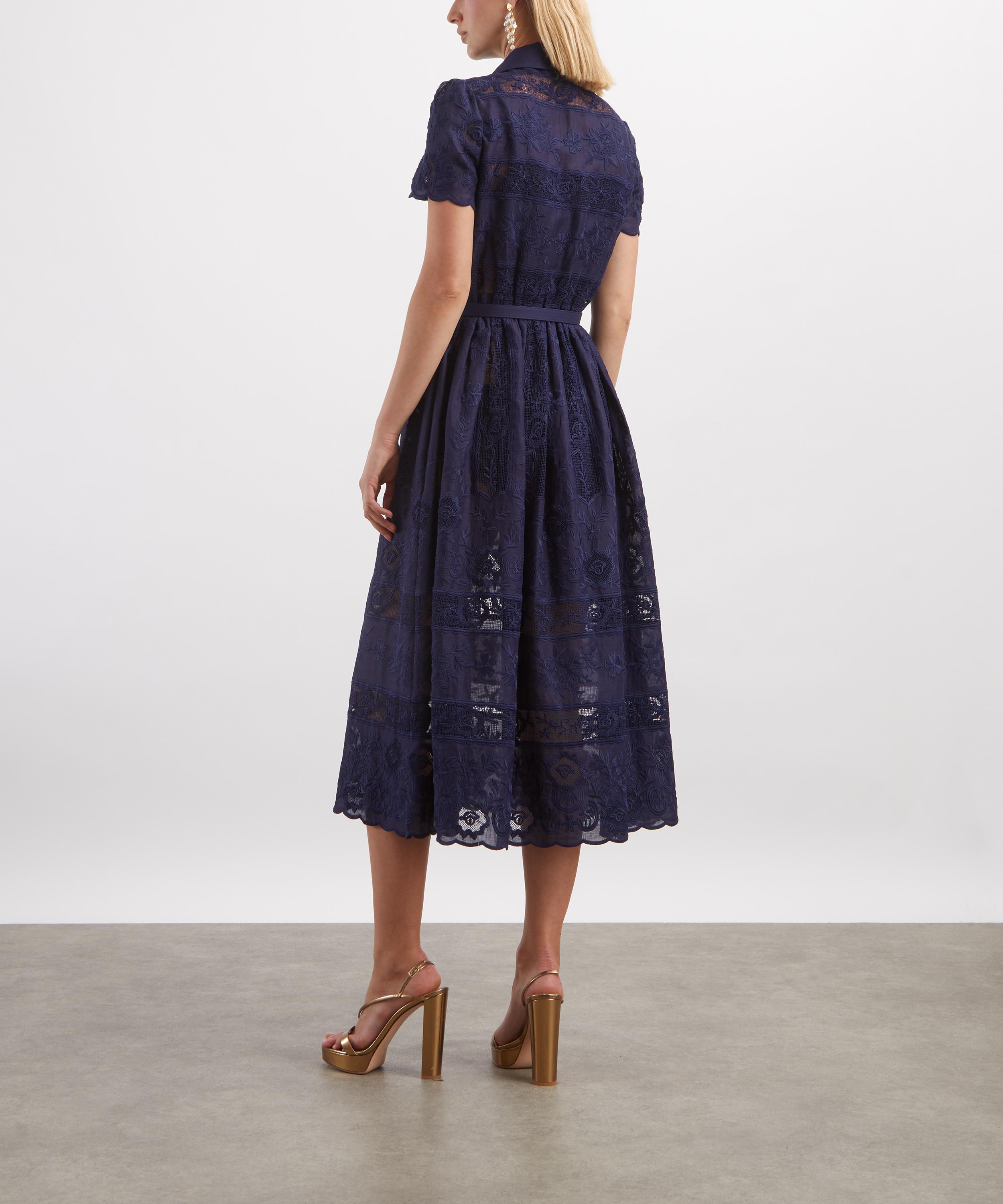 Self-Portrait - Navy Ramie Collared Midi Dress image number 3