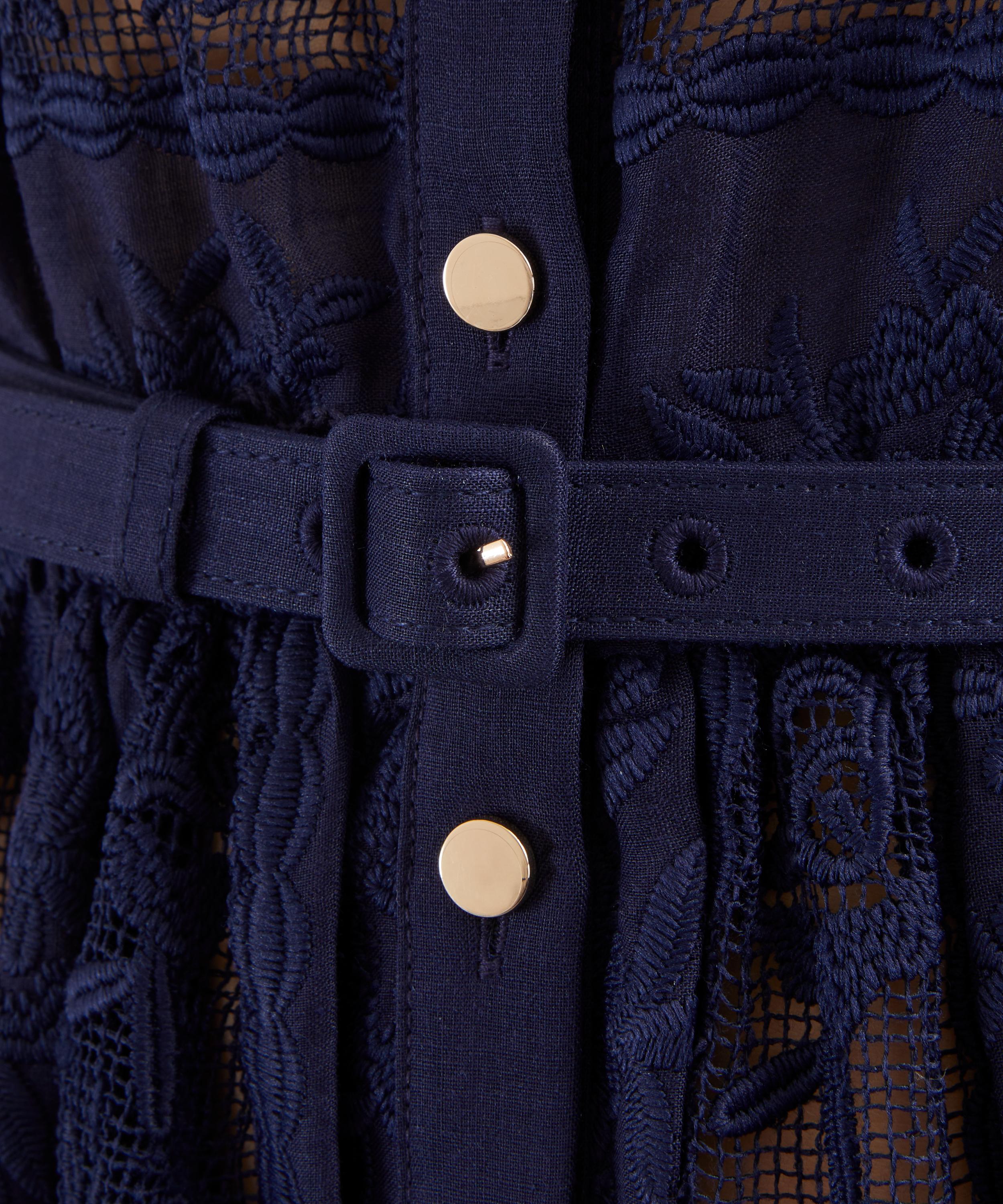 Self-Portrait - Navy Ramie Collared Midi Dress image number 4