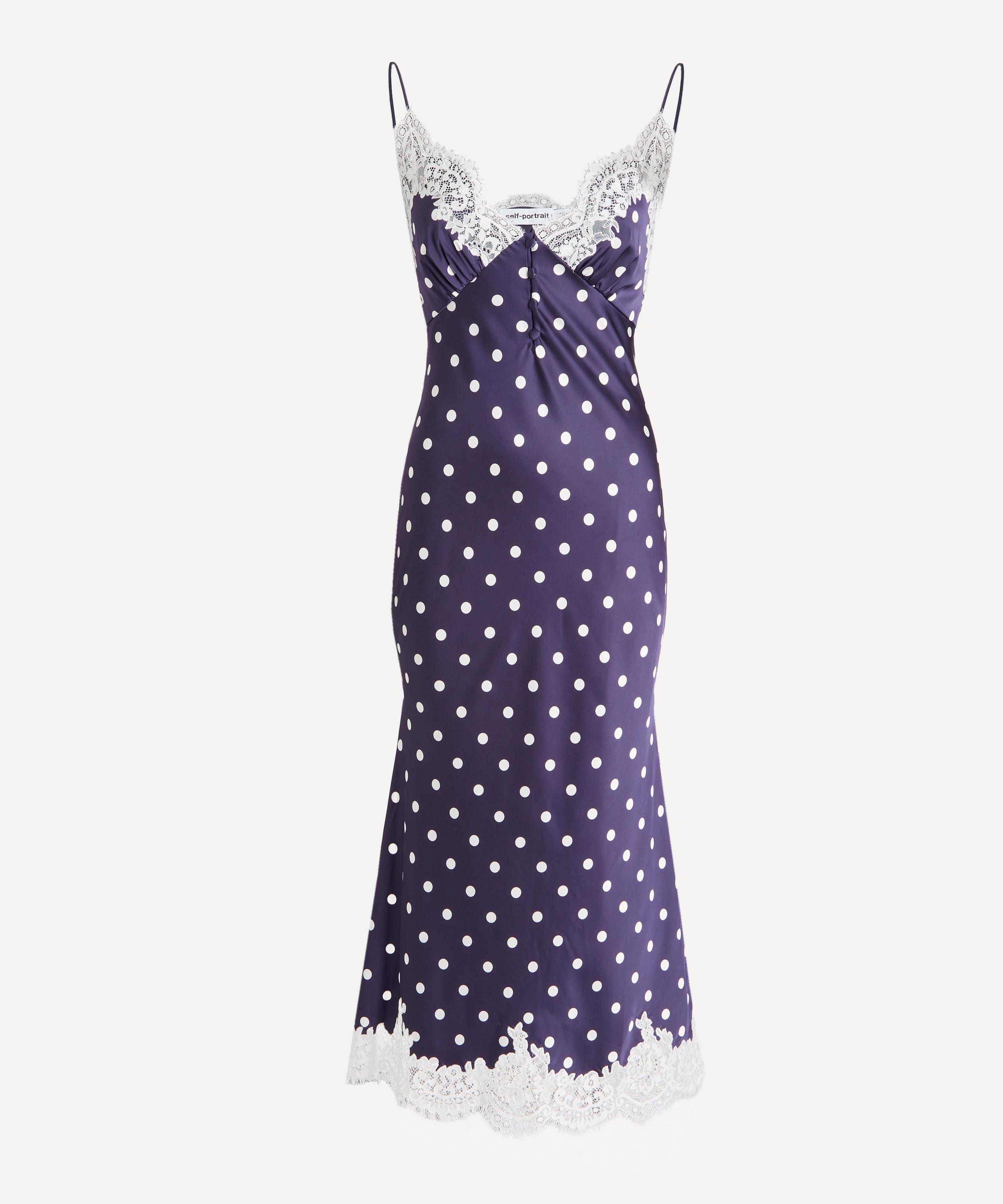 Self-Portrait - Navy Satin Polka-Dot Slip Dress