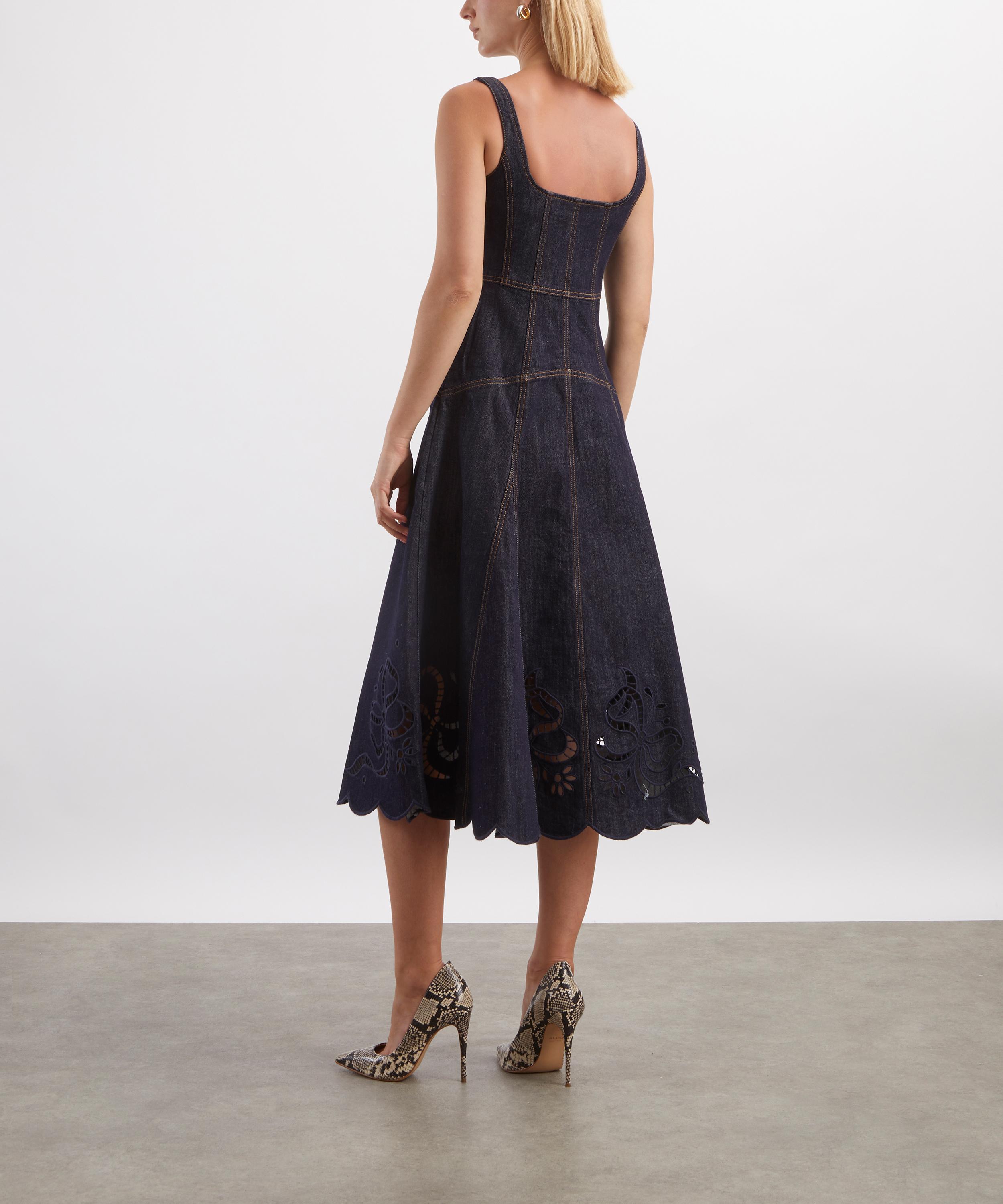 Self-Portrait - Indigo Denim Bow Embroidered Midi Dress image number 3