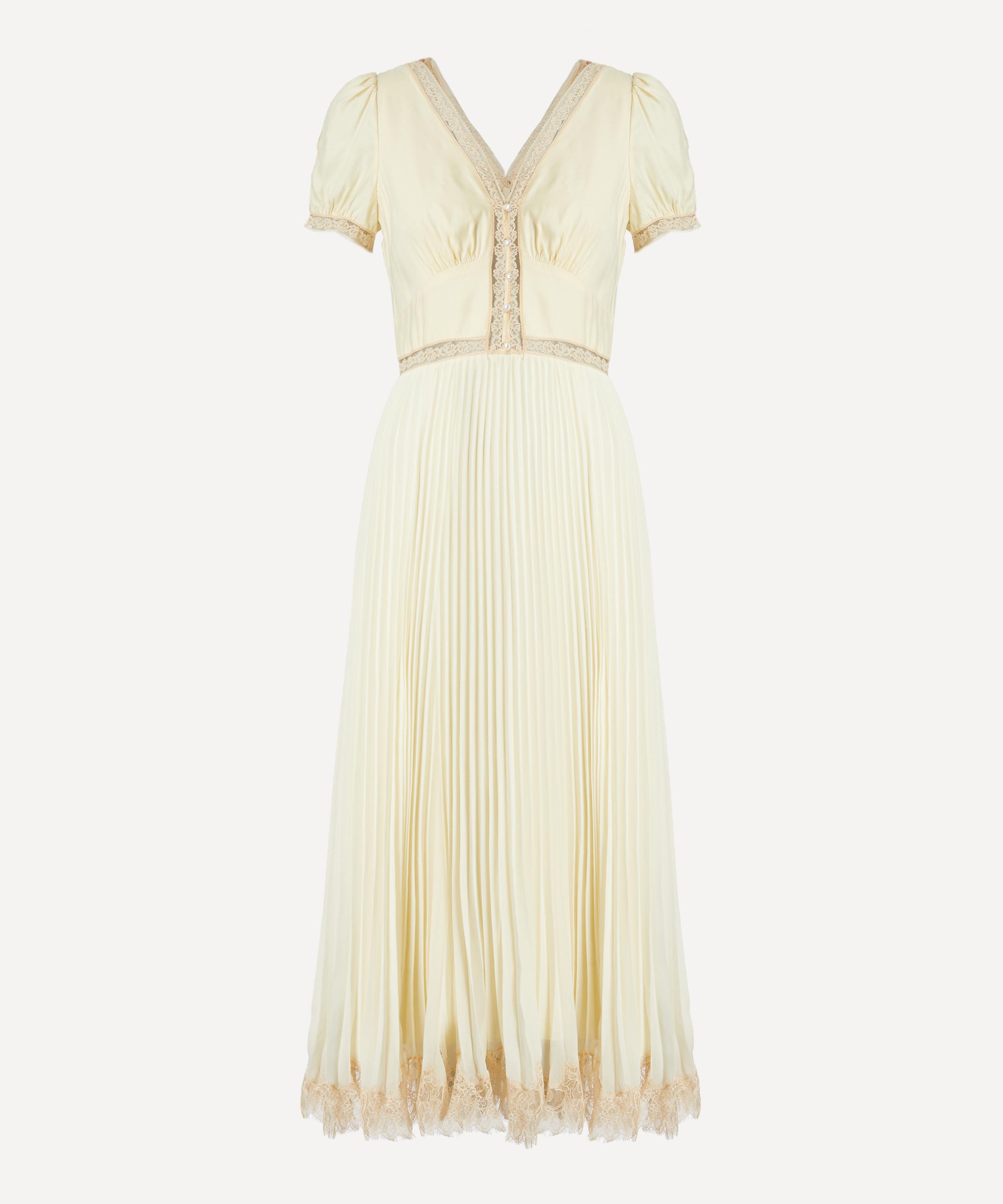 Self-Portrait - Yellow Viscose Pleated Lace Midi Dress