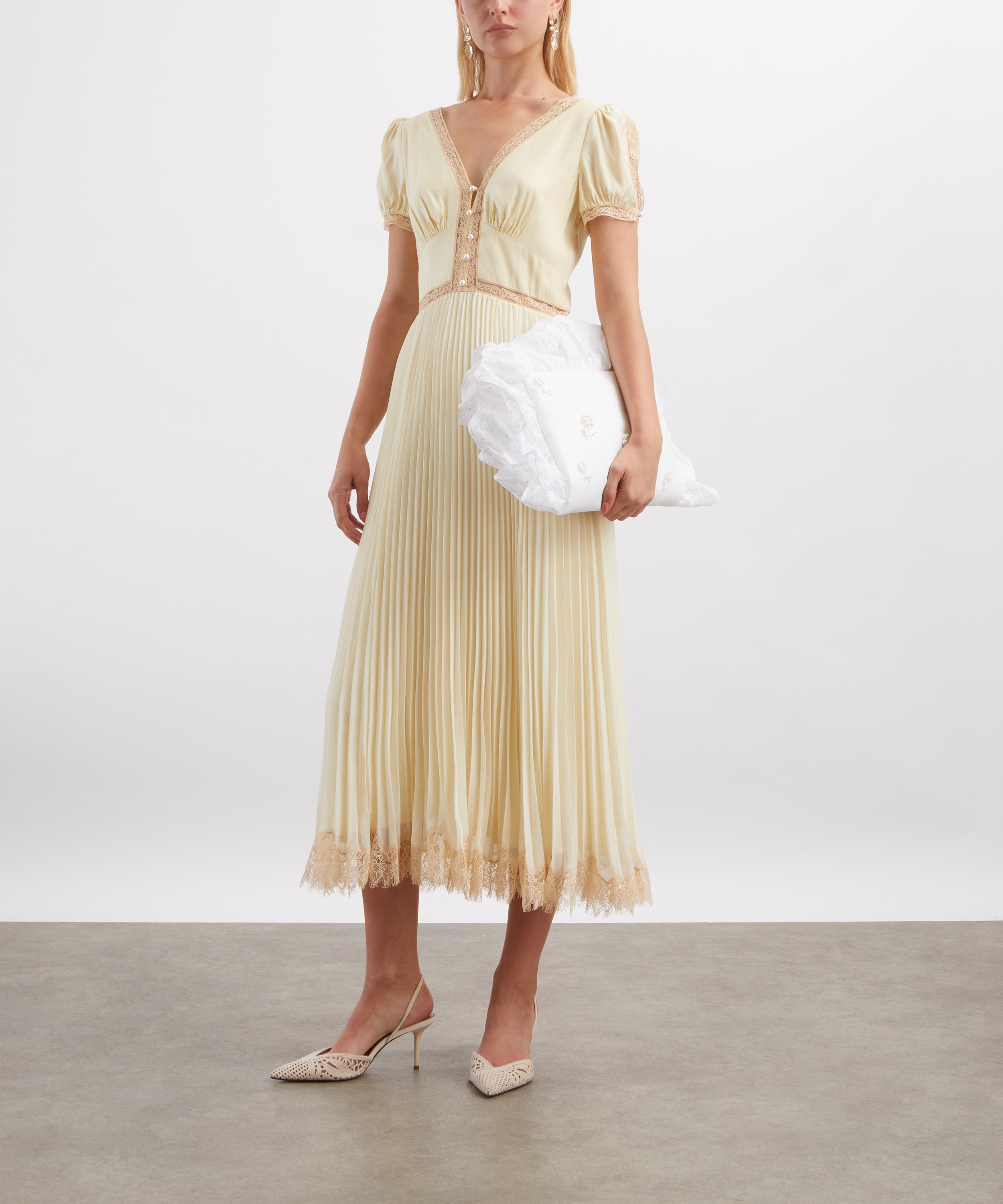 Self-Portrait - Yellow Viscose Pleated Lace Midi Dress image number 1