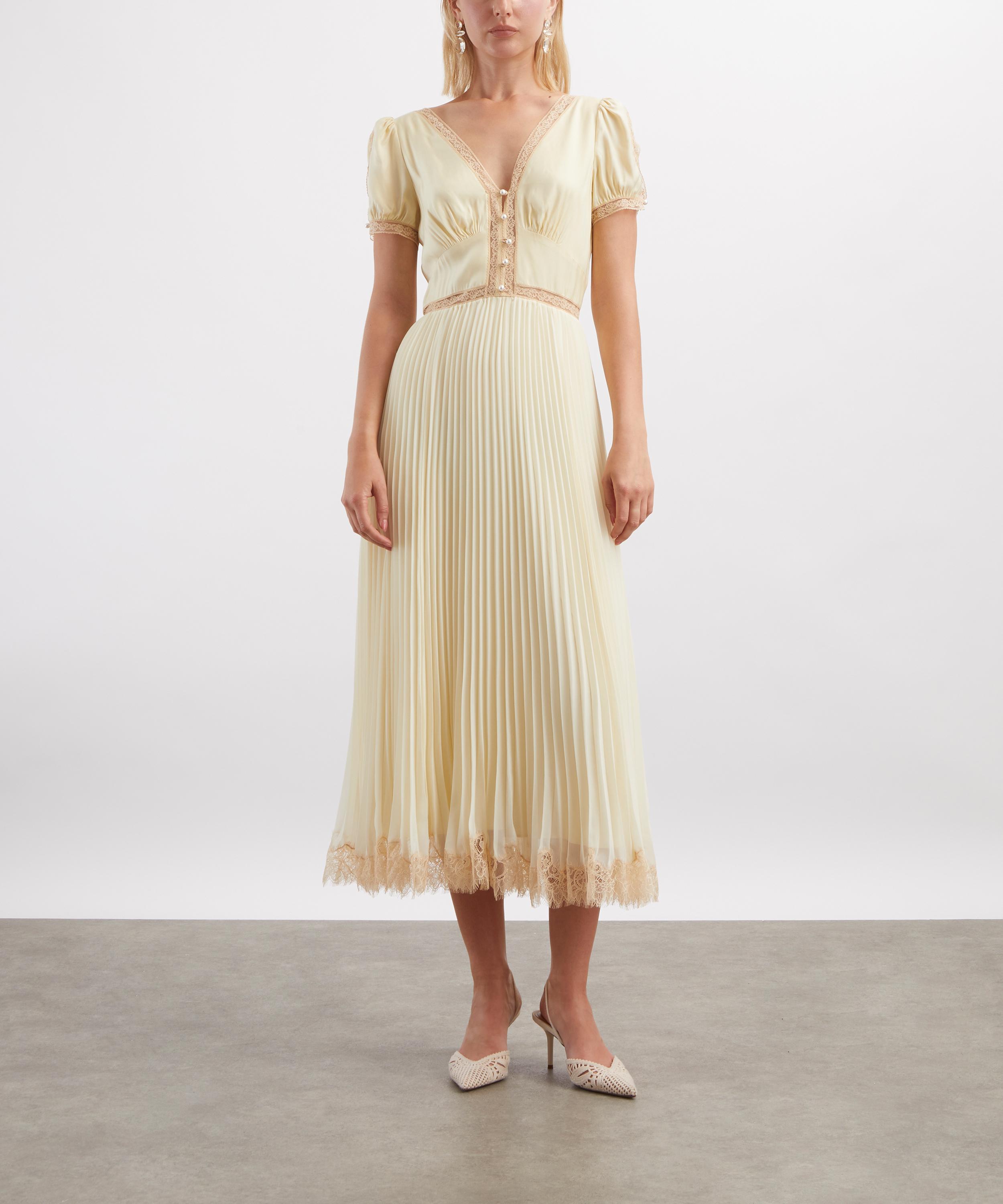 Self-Portrait - Yellow Viscose Pleated Lace Midi Dress image number 2