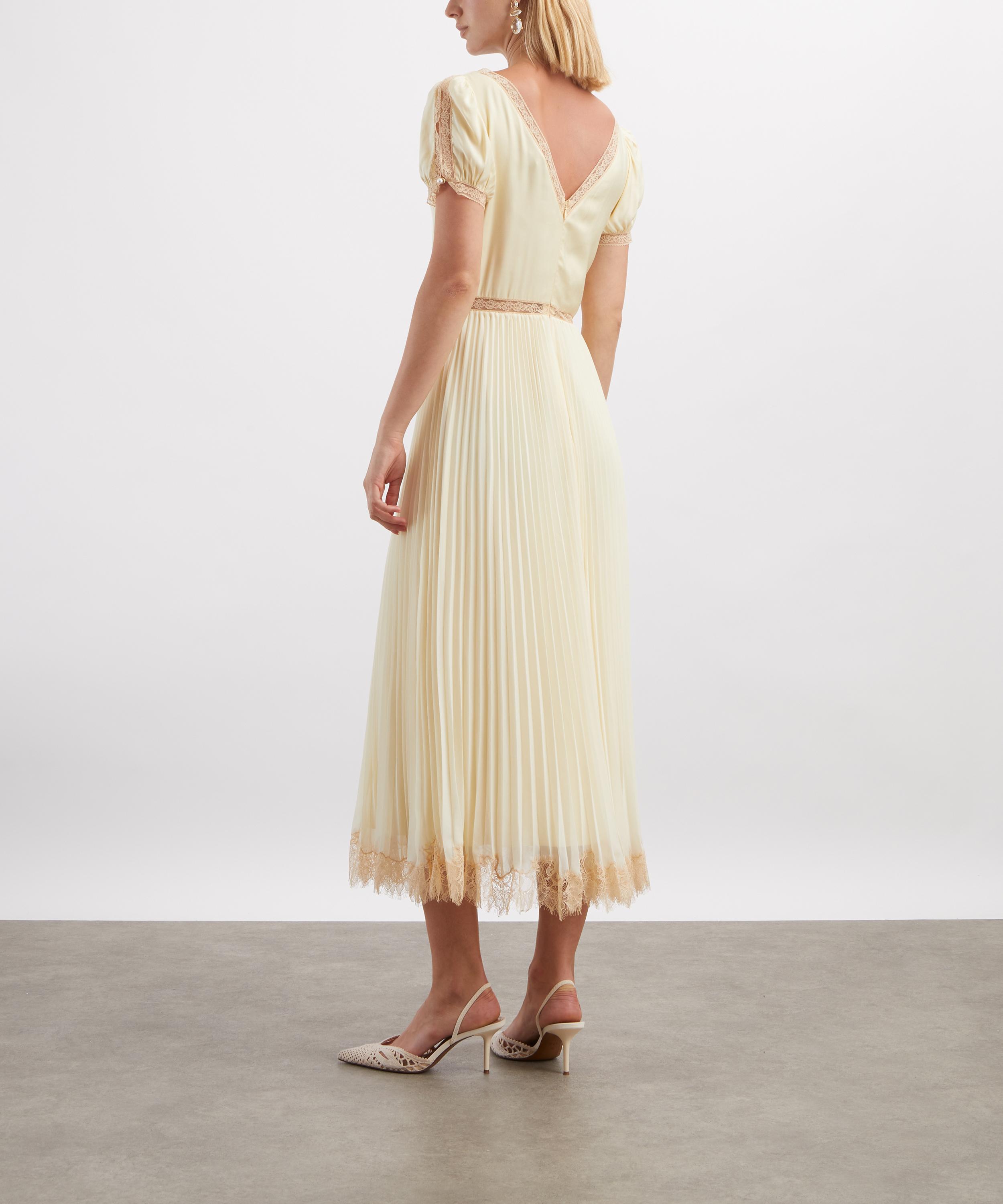 Self-Portrait - Yellow Viscose Pleated Lace Midi Dress image number 3