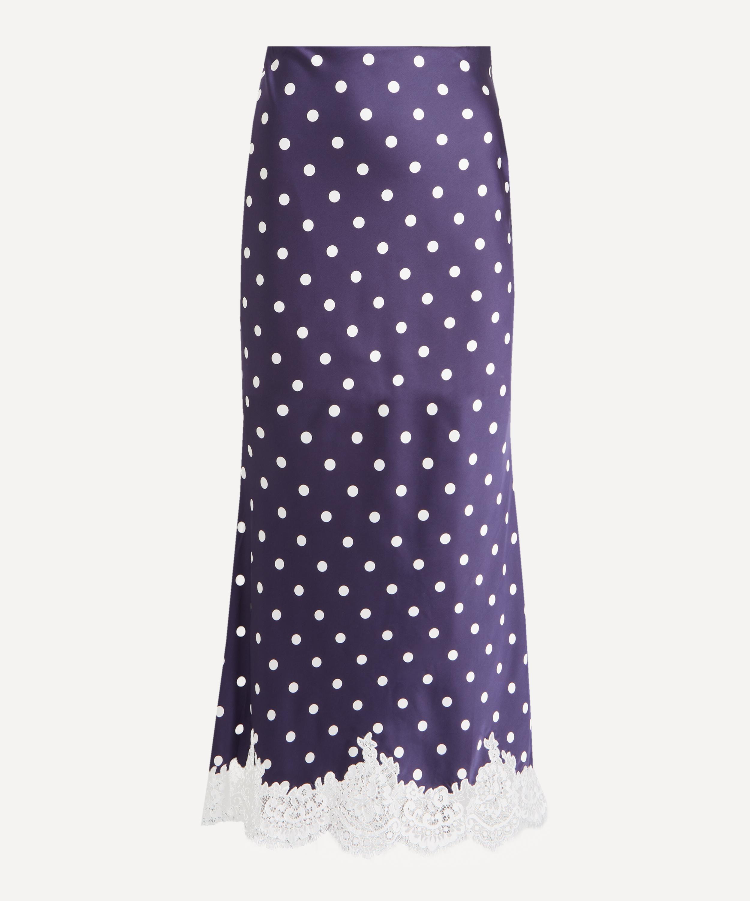 Self-Portrait - Navy Satin Polka-Dot Midi Skirt