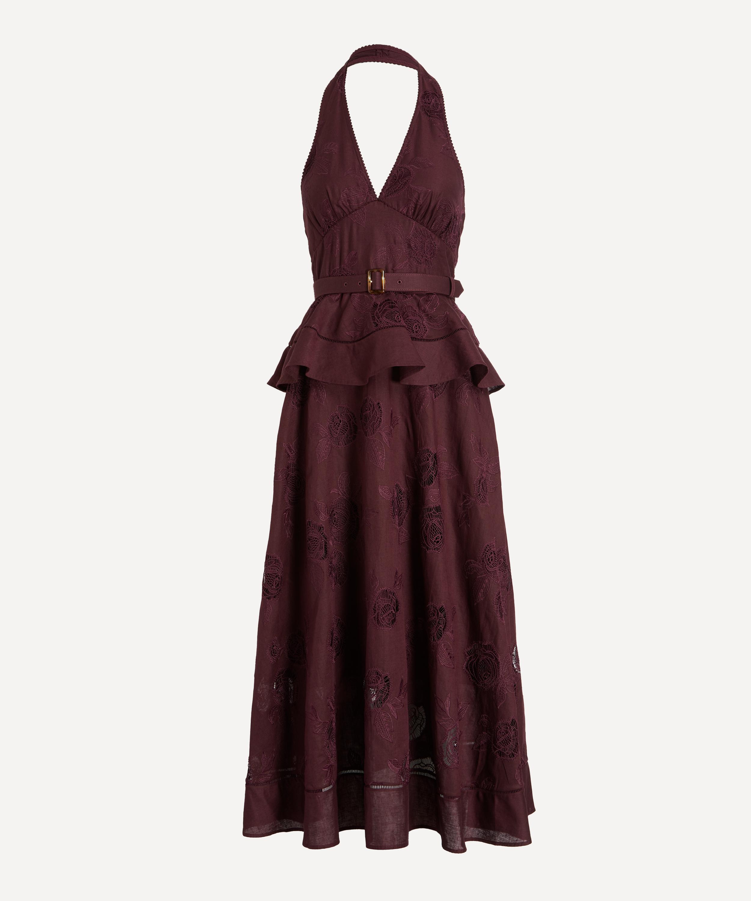 Self-Portrait - Plum Linen-Blend Peplum Midi Dress