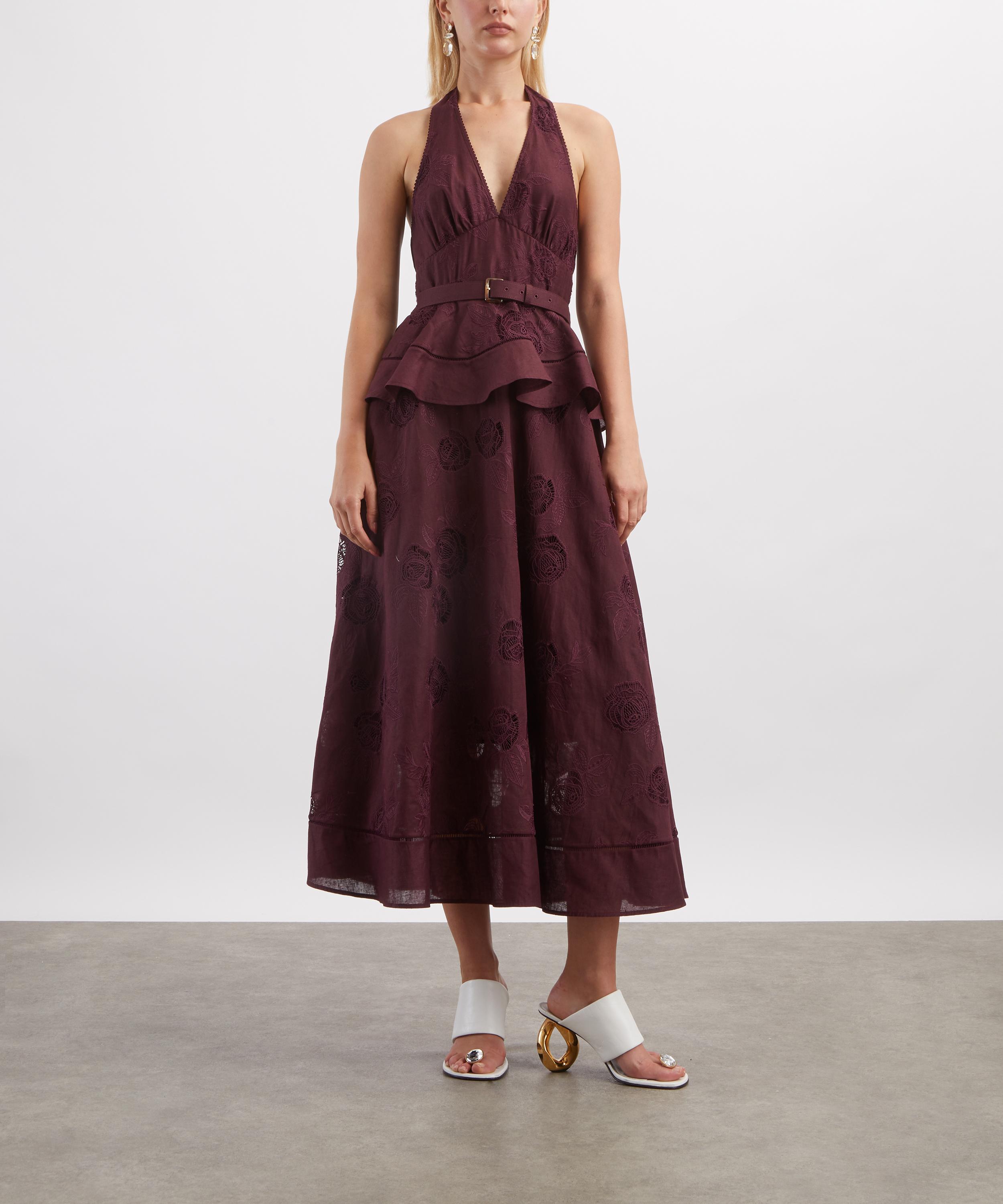 Self-Portrait - Plum Linen-Blend Peplum Midi Dress image number 2