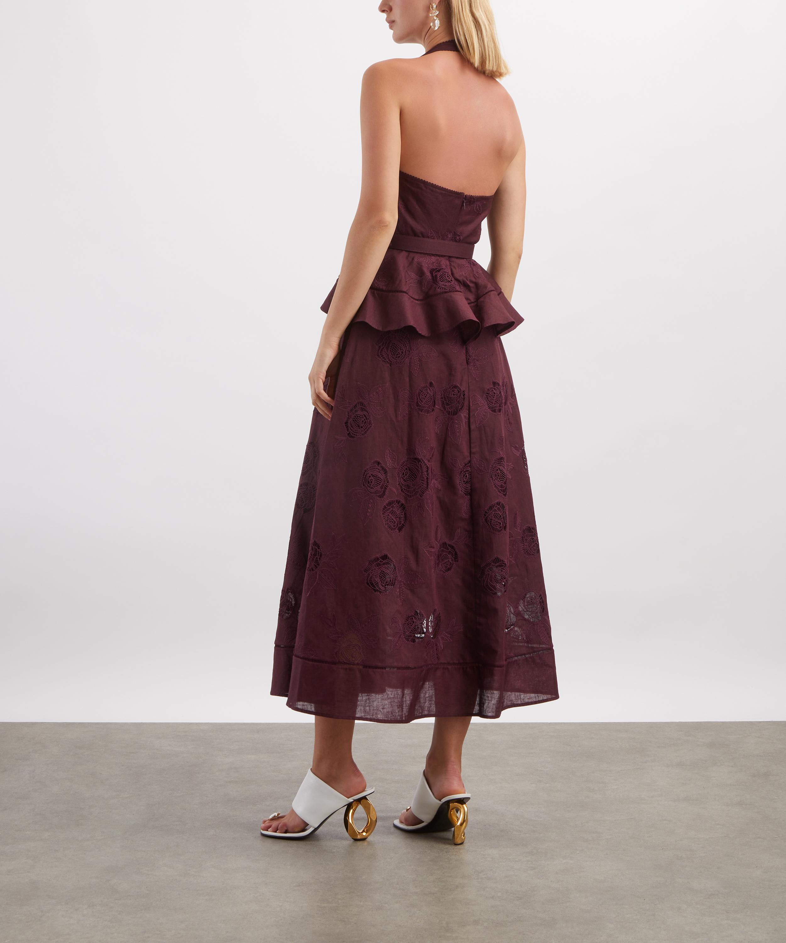 Self-Portrait - Plum Linen-Blend Peplum Midi Dress image number 3