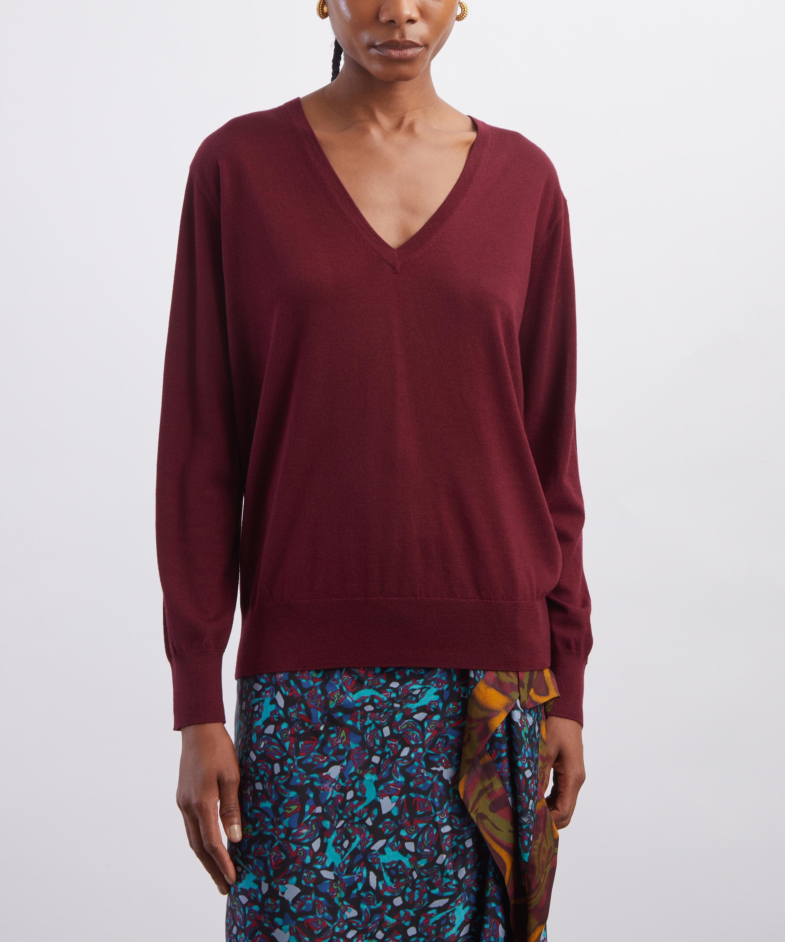 Dries Van Noten - Burgundy Merino V-Neck Jumper image number 2
