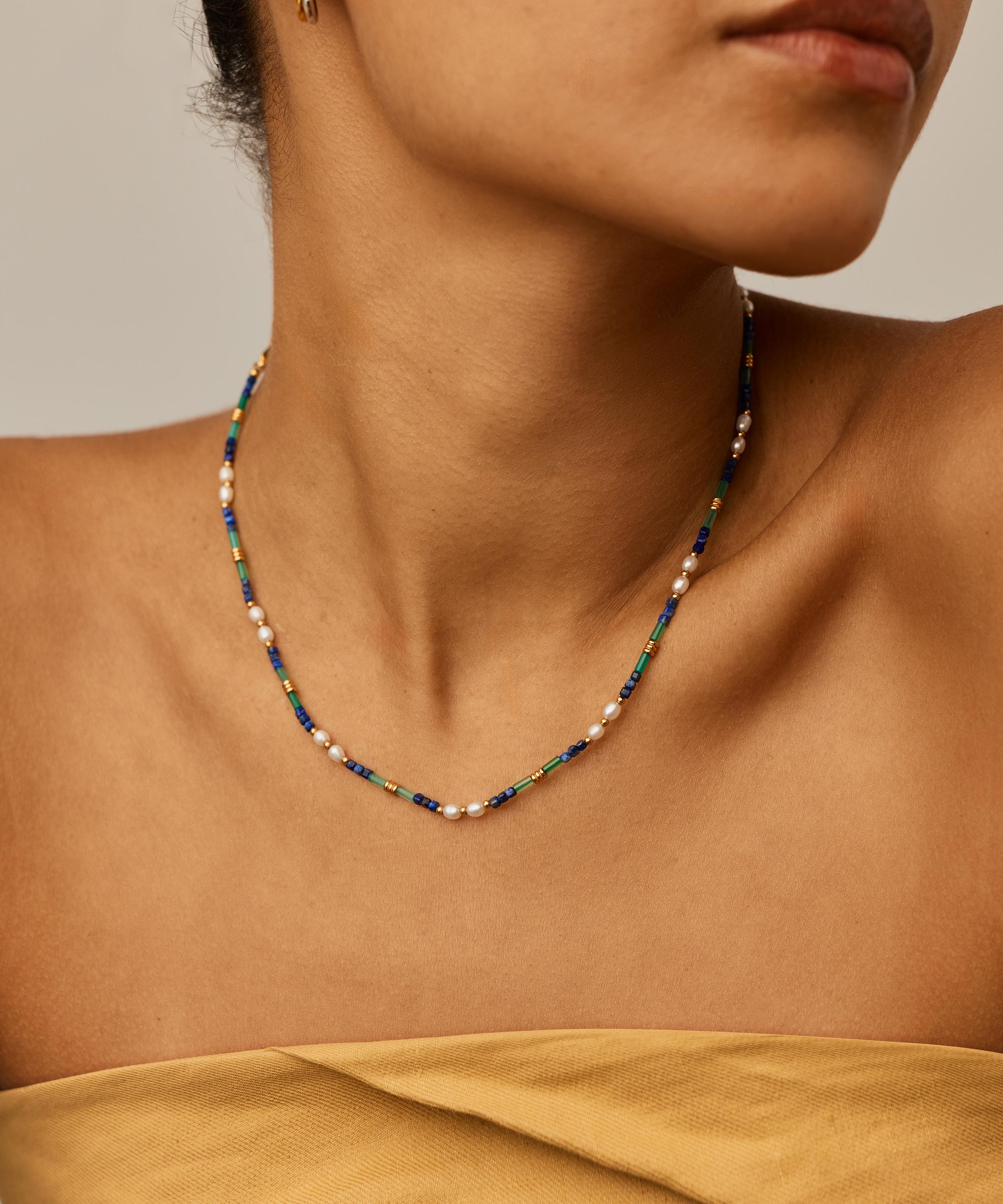 Missoma - 18ct Gold-Plated Lagoon Blue Beaded Gemstone and Pearl Short Necklace image number 1