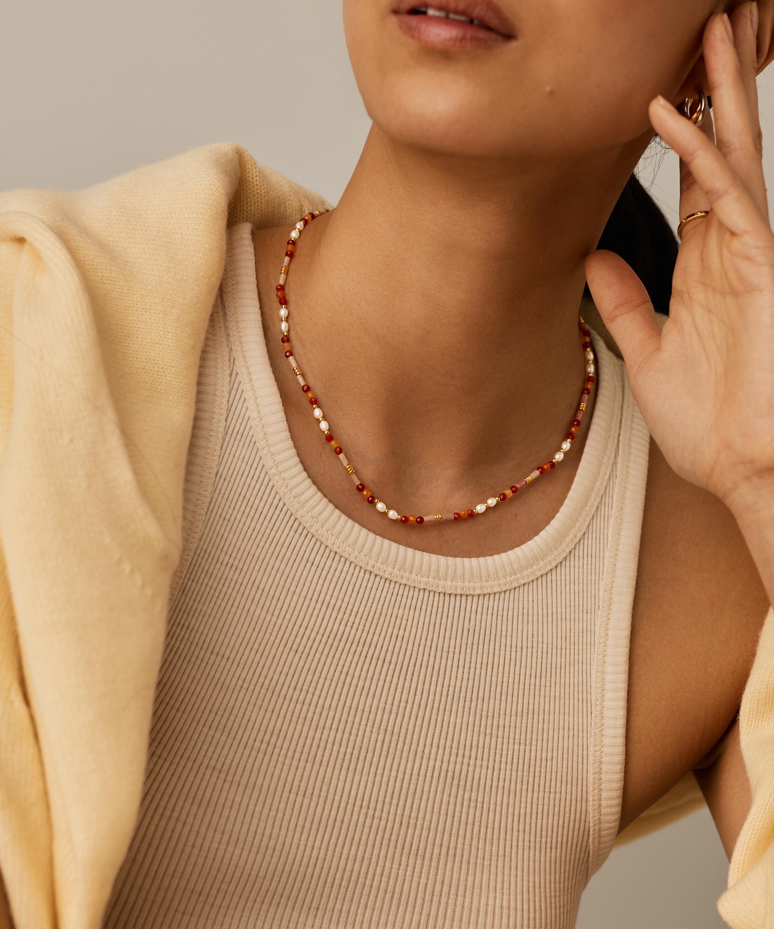 Missoma - 18ct Gold-Plated Paloma Pink Beaded Gemstone and Pearl Short Necklace image number 1
