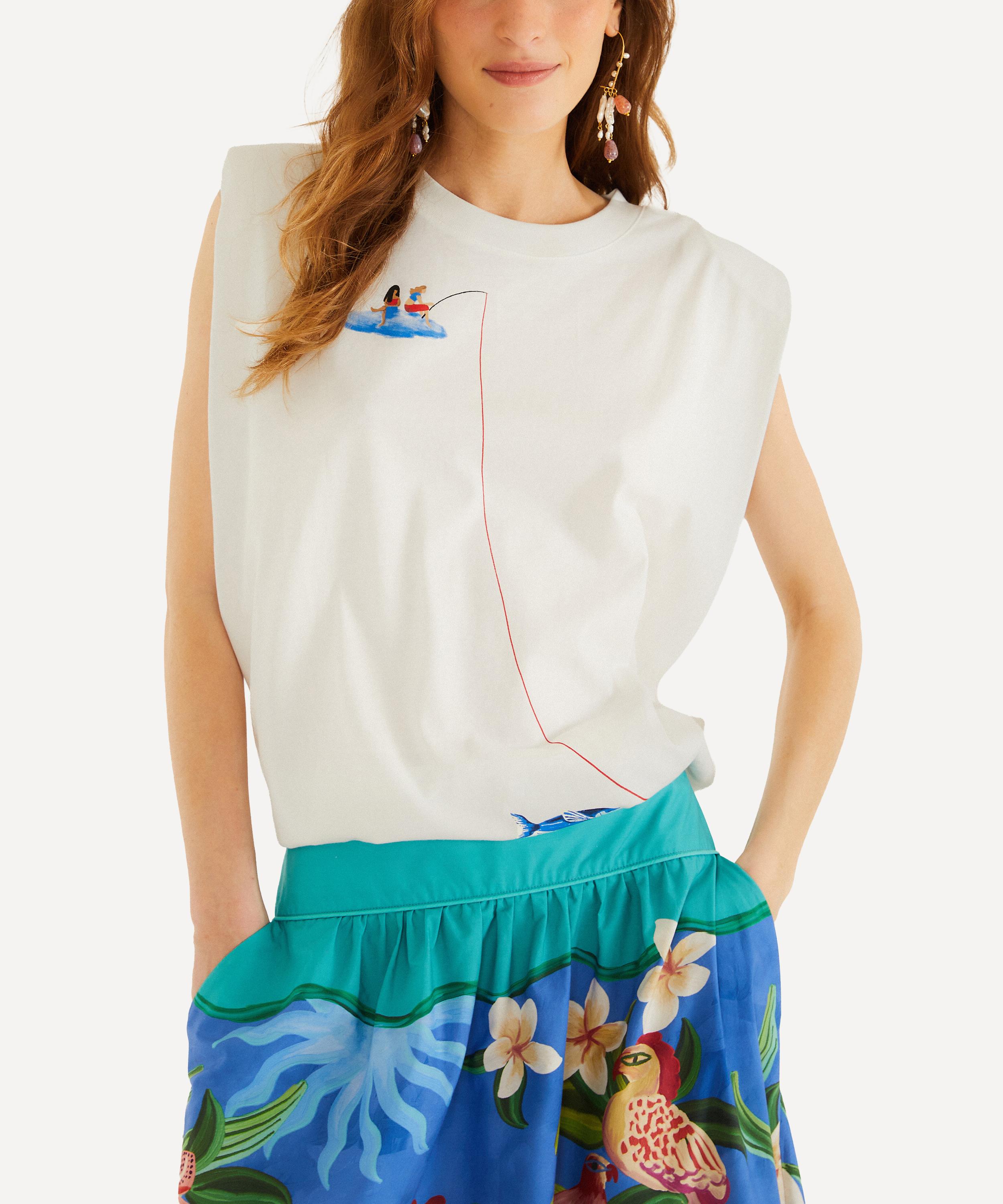 FARM Rio - Off‑White Fishing Dreams Padded Shoulder T‑Shirt