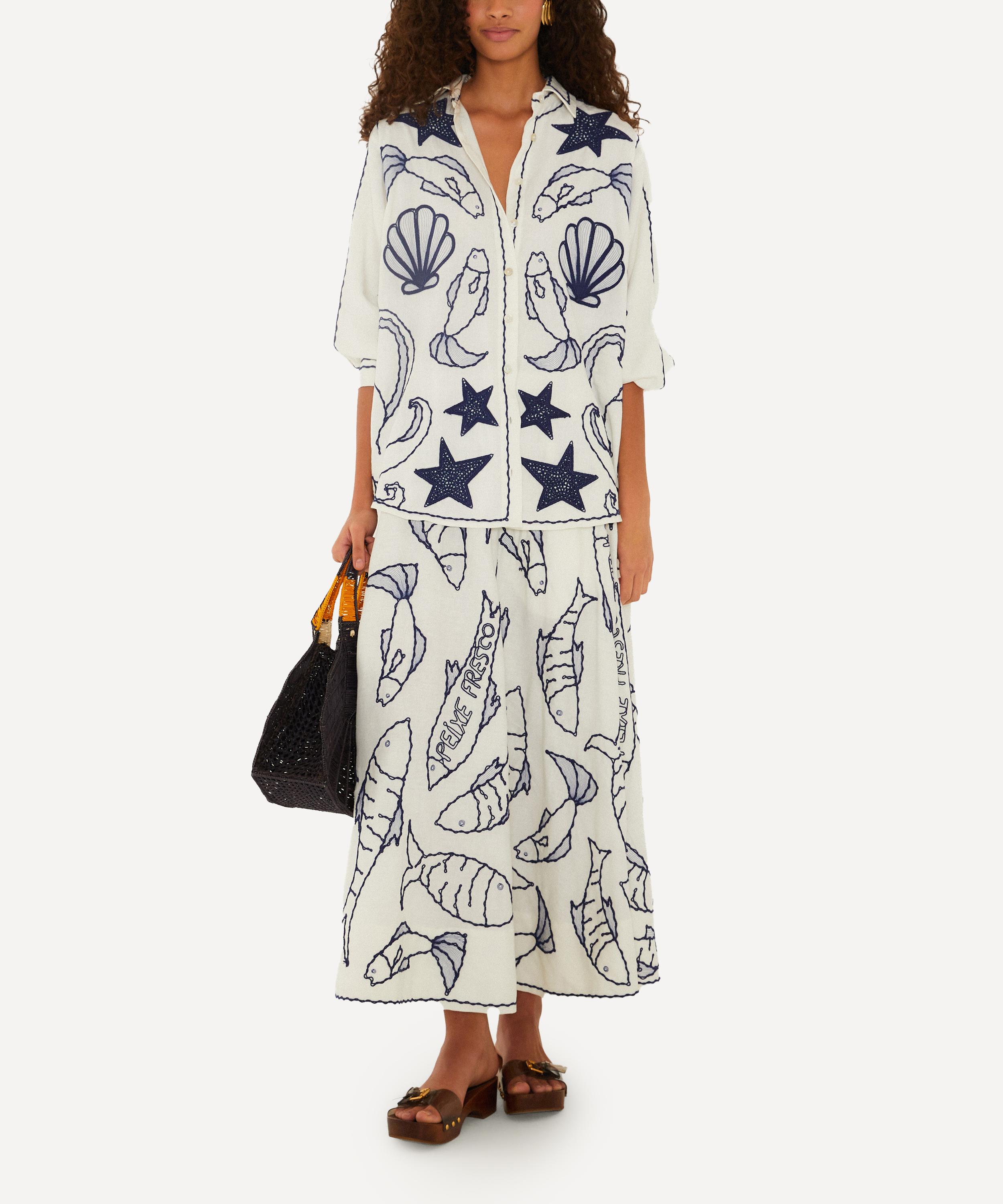 FARM Rio - Off‑White Fresh Fish Midi Skirt