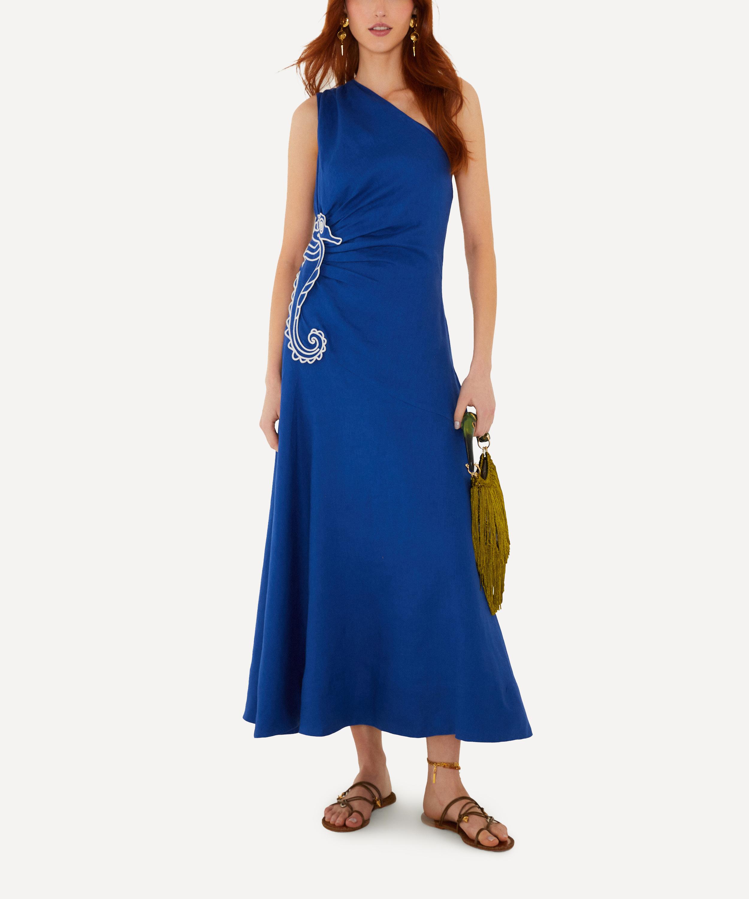 FARM Rio - Blue Seahorse Embroidery One‑Shoulder Maxi Dress