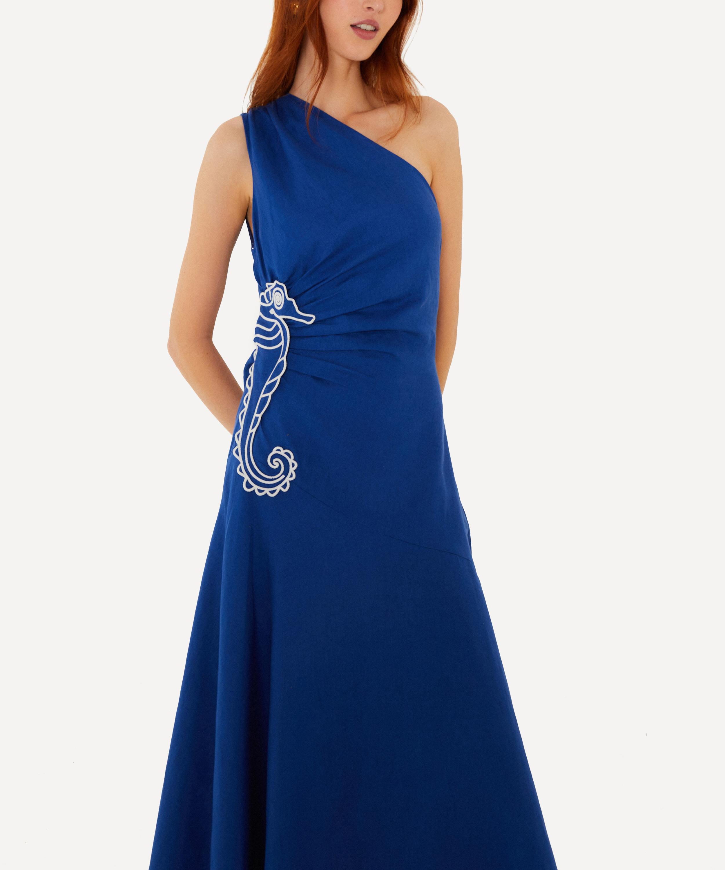 FARM Rio - Blue Seahorse Embroidery One‑Shoulder Maxi Dress image number 2