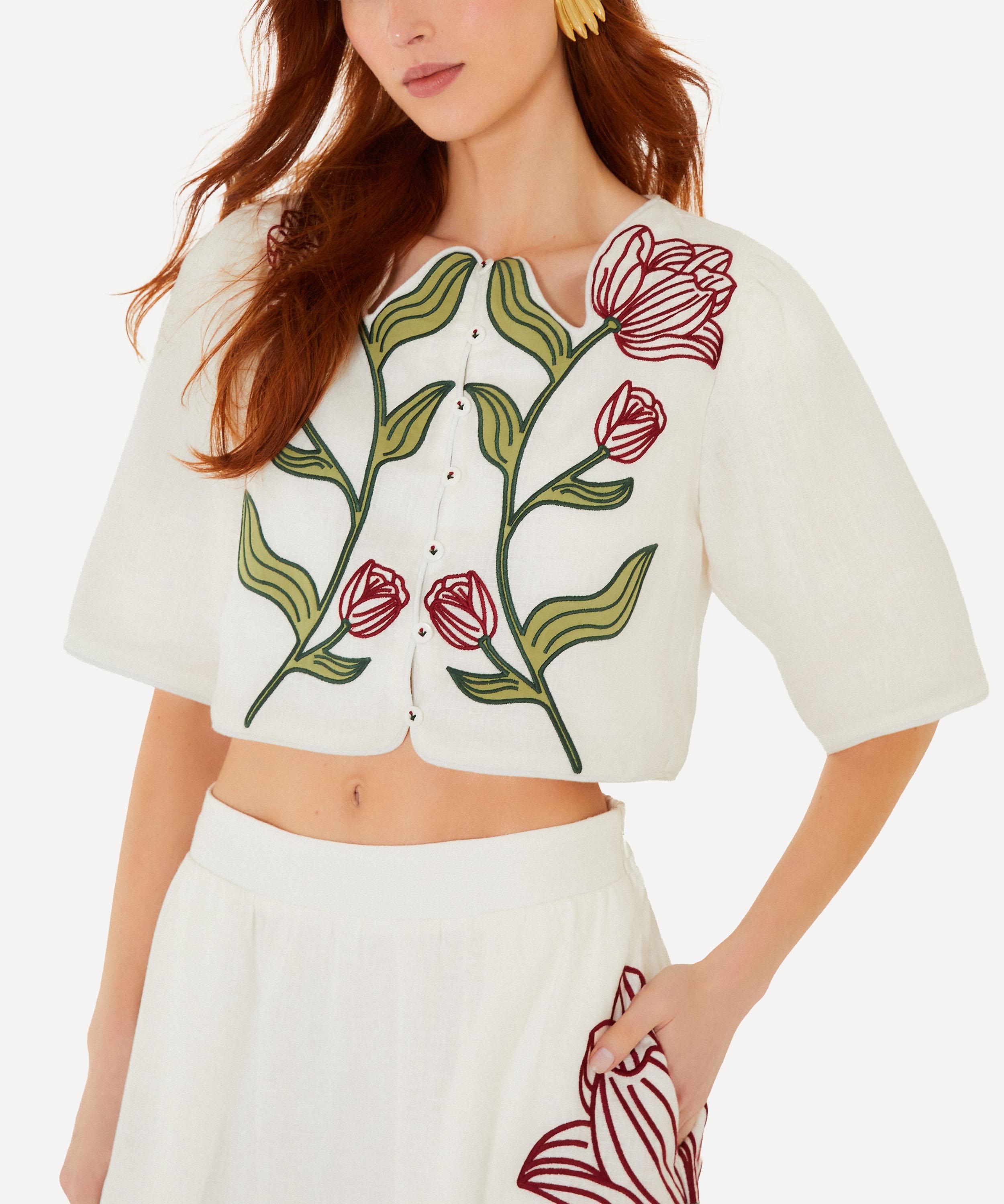 FARM Rio - Off-White Flower Short-Sleeve Crop Top