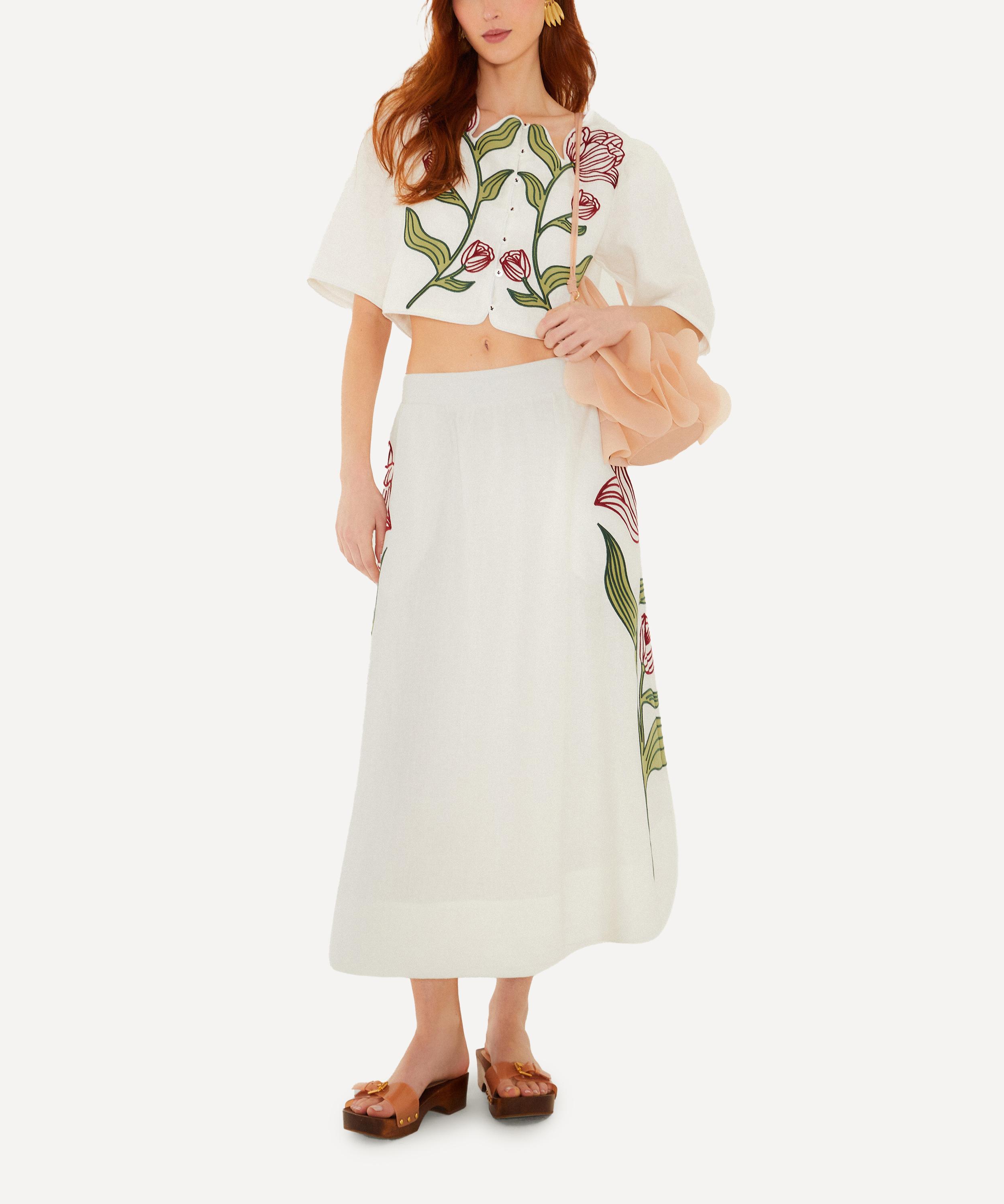 FARM Rio - Off‑White Flower Midi Skirt