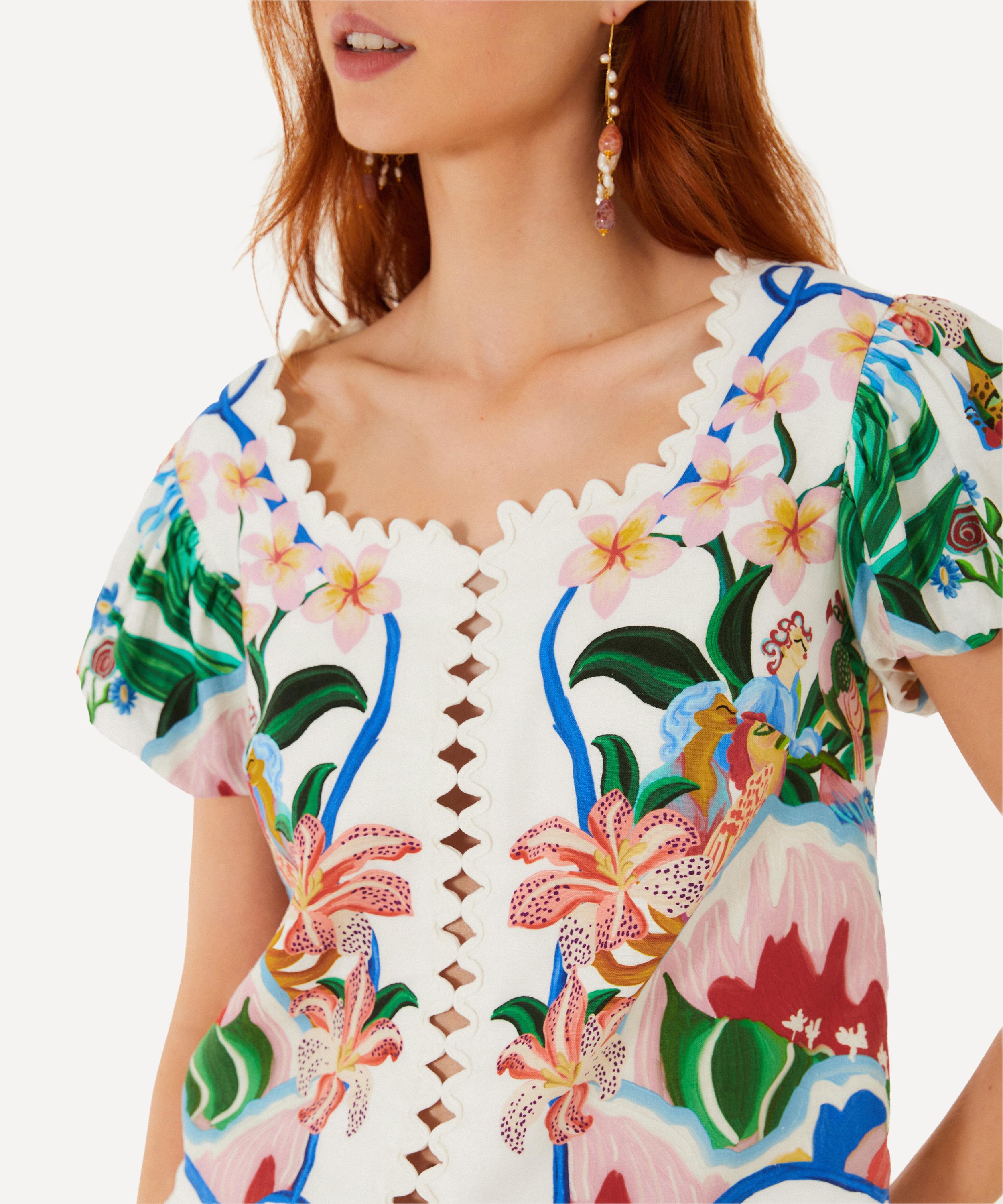 FARM Rio - Off‑White Garden Of Life Scarf Scalloped Blouse image number 1