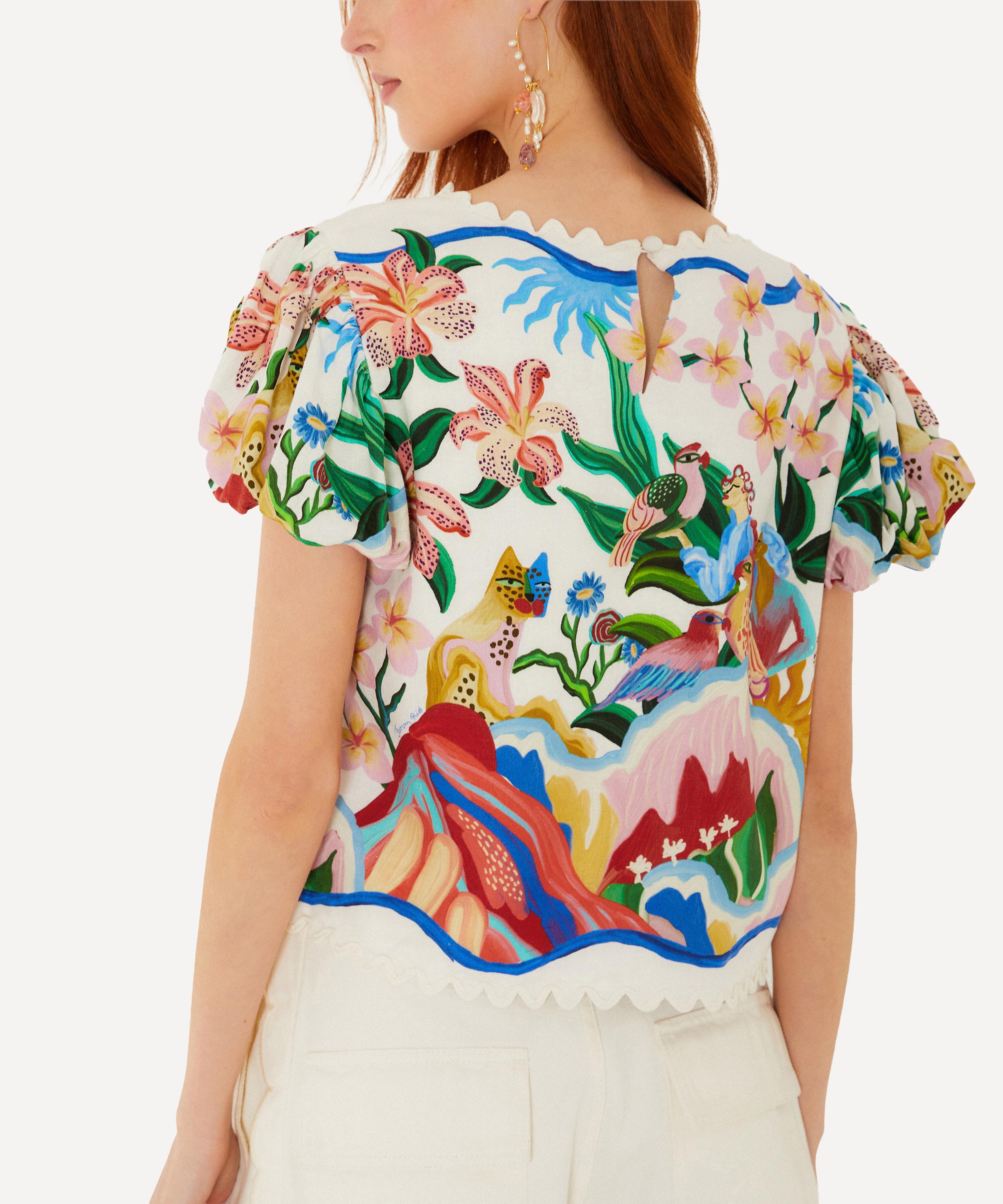 FARM Rio - Off‑White Garden Of Life Scarf Scalloped Blouse image number 2