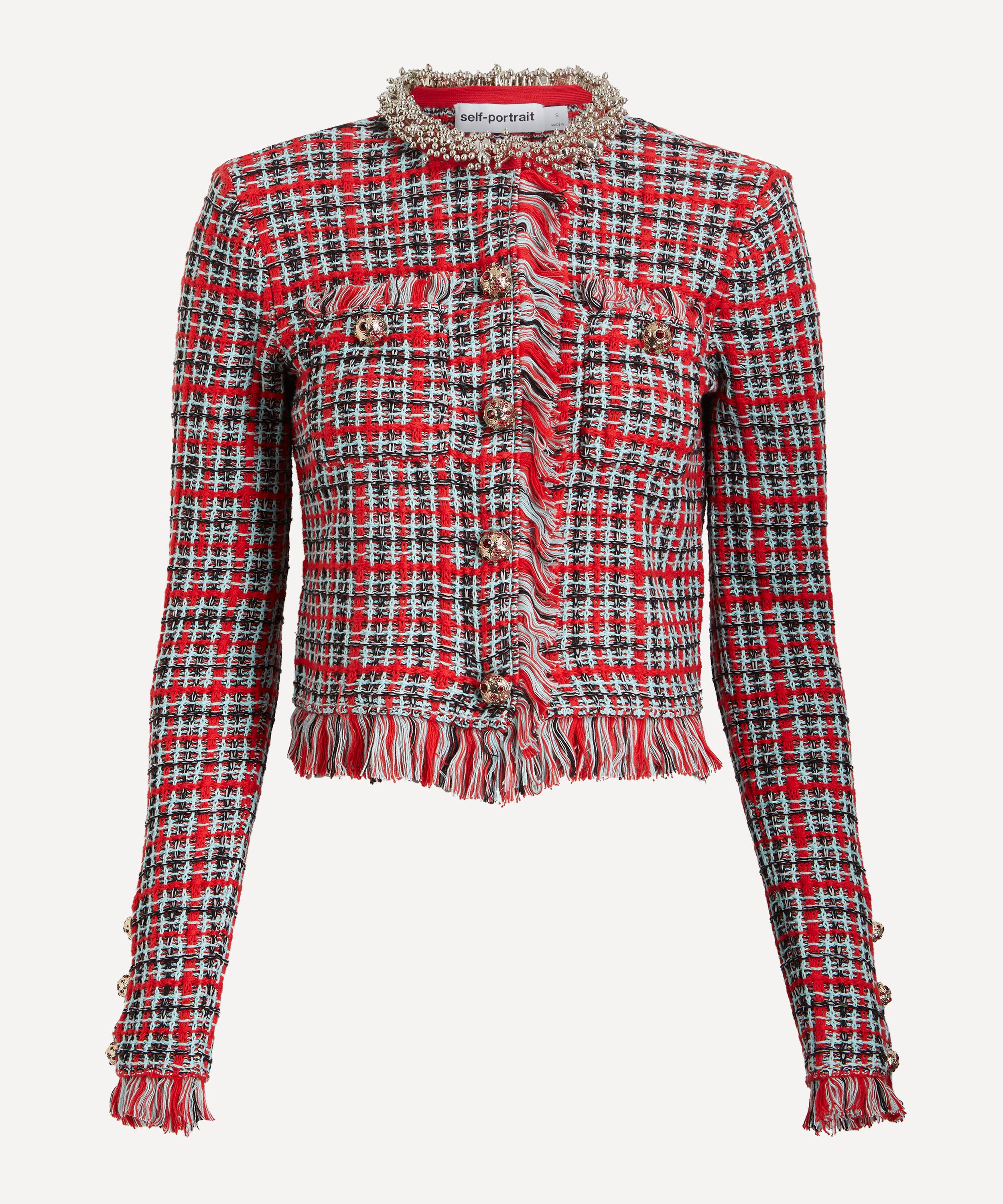 Self-Portrait - Red Check Frayed Knit Jacket