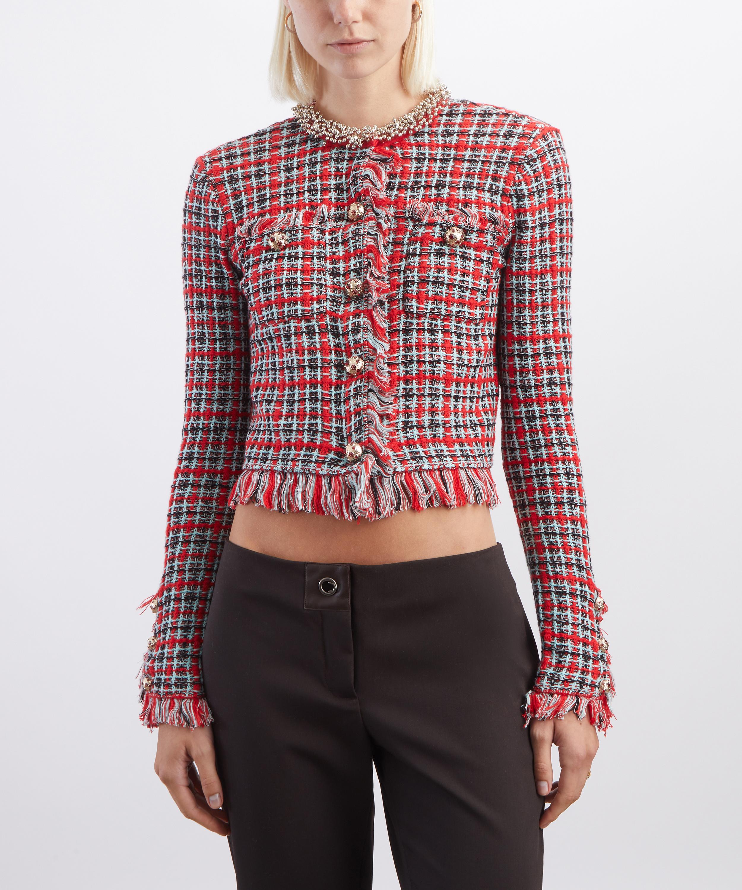Self-Portrait - Red Check Frayed Knit Jacket image number 2