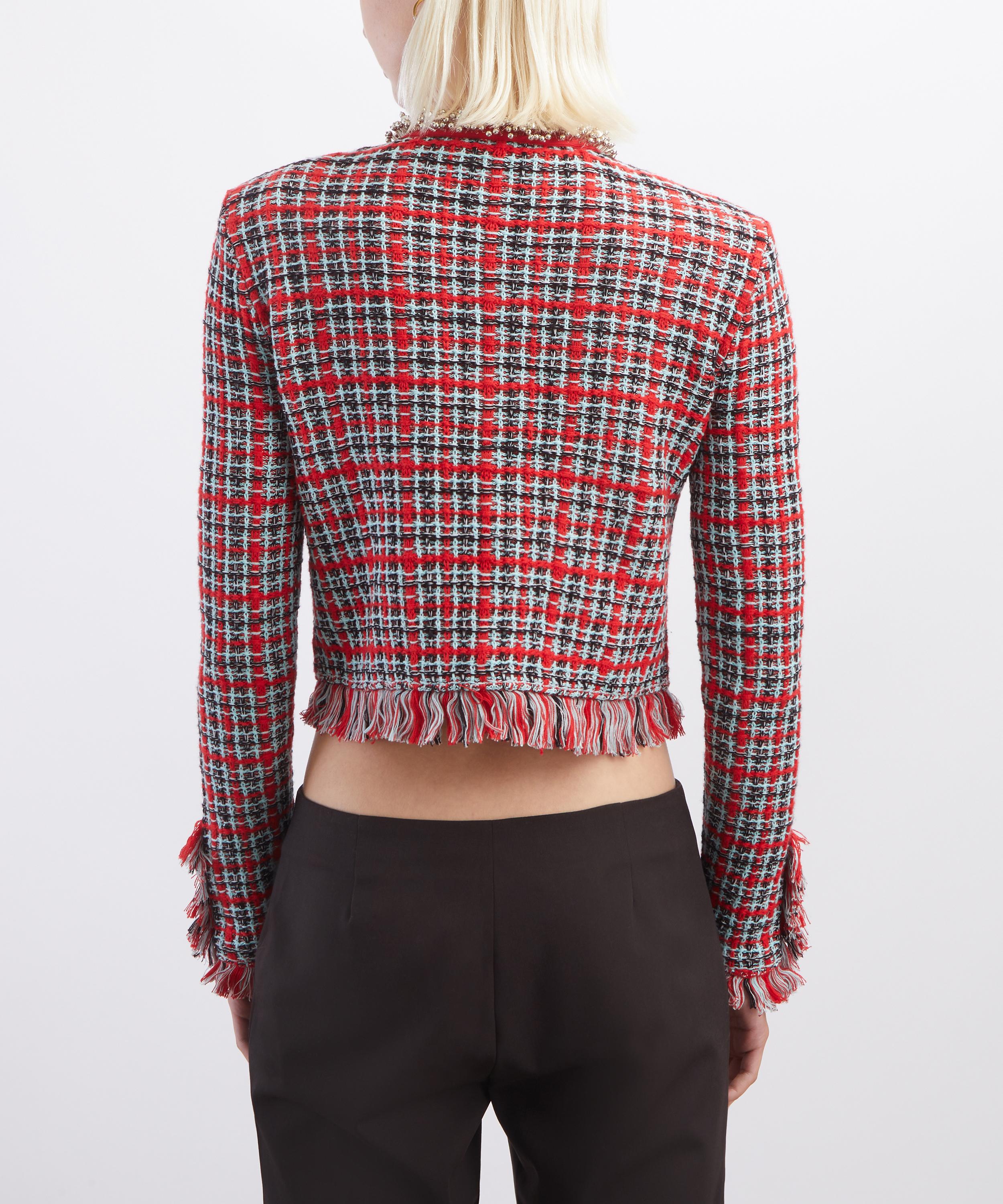 Self-Portrait - Red Check Frayed Knit Jacket image number 3