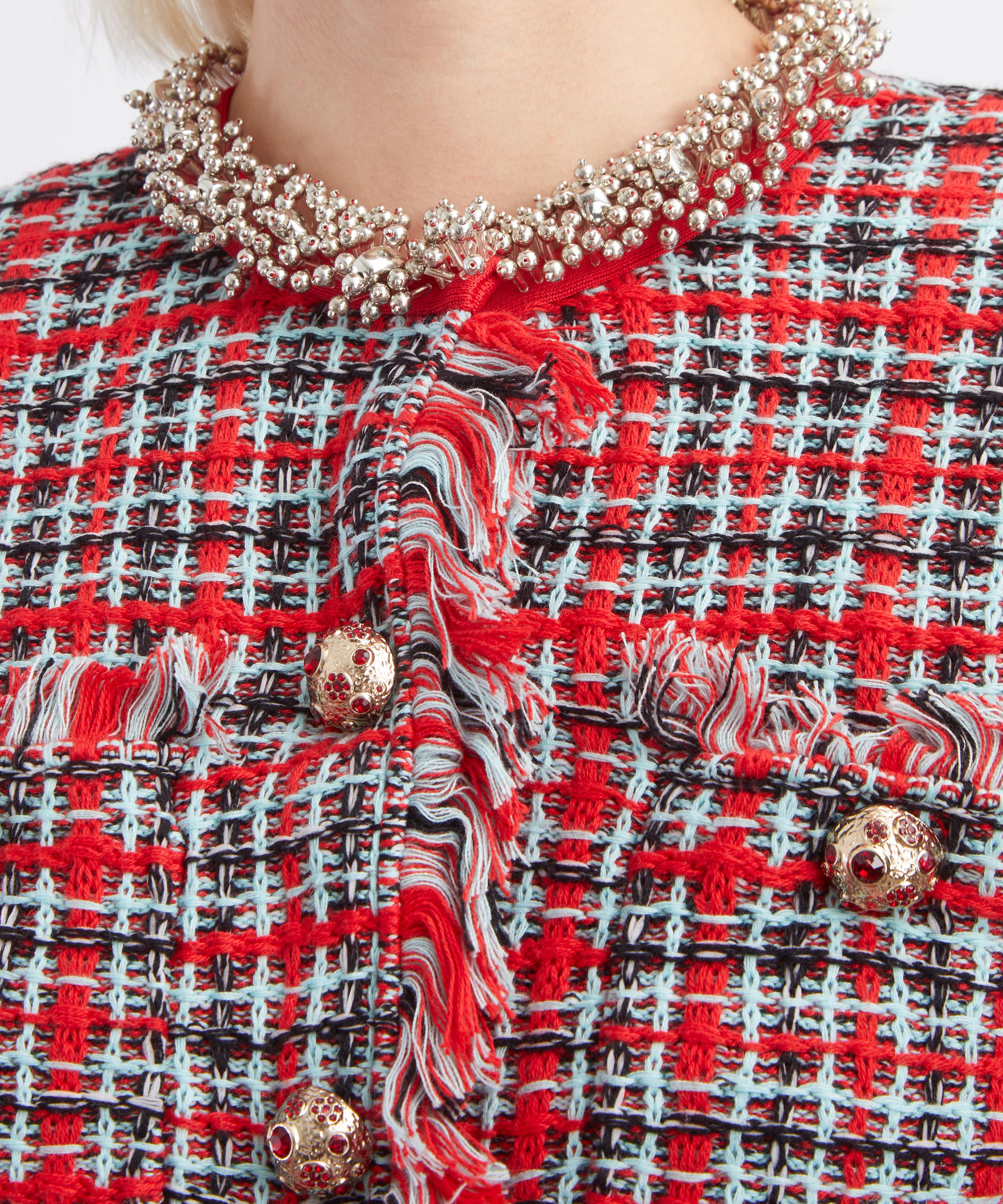 Self-Portrait - Red Check Frayed Knit Jacket image number 4