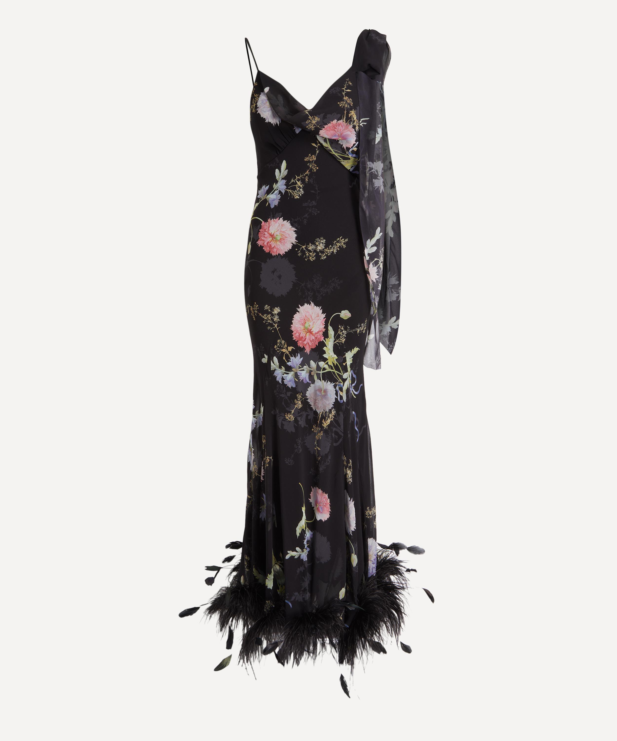 Self-Portrait - Black Floral Georgette Feathered Maxi Dress image number 0