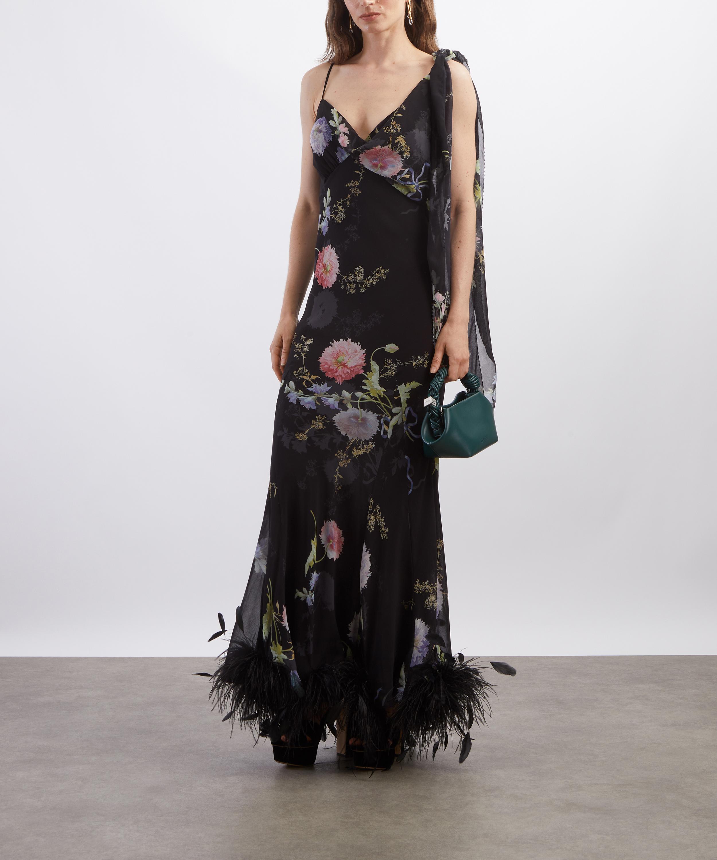Self-Portrait - Black Floral Georgette Feathered Maxi Dress image number 1