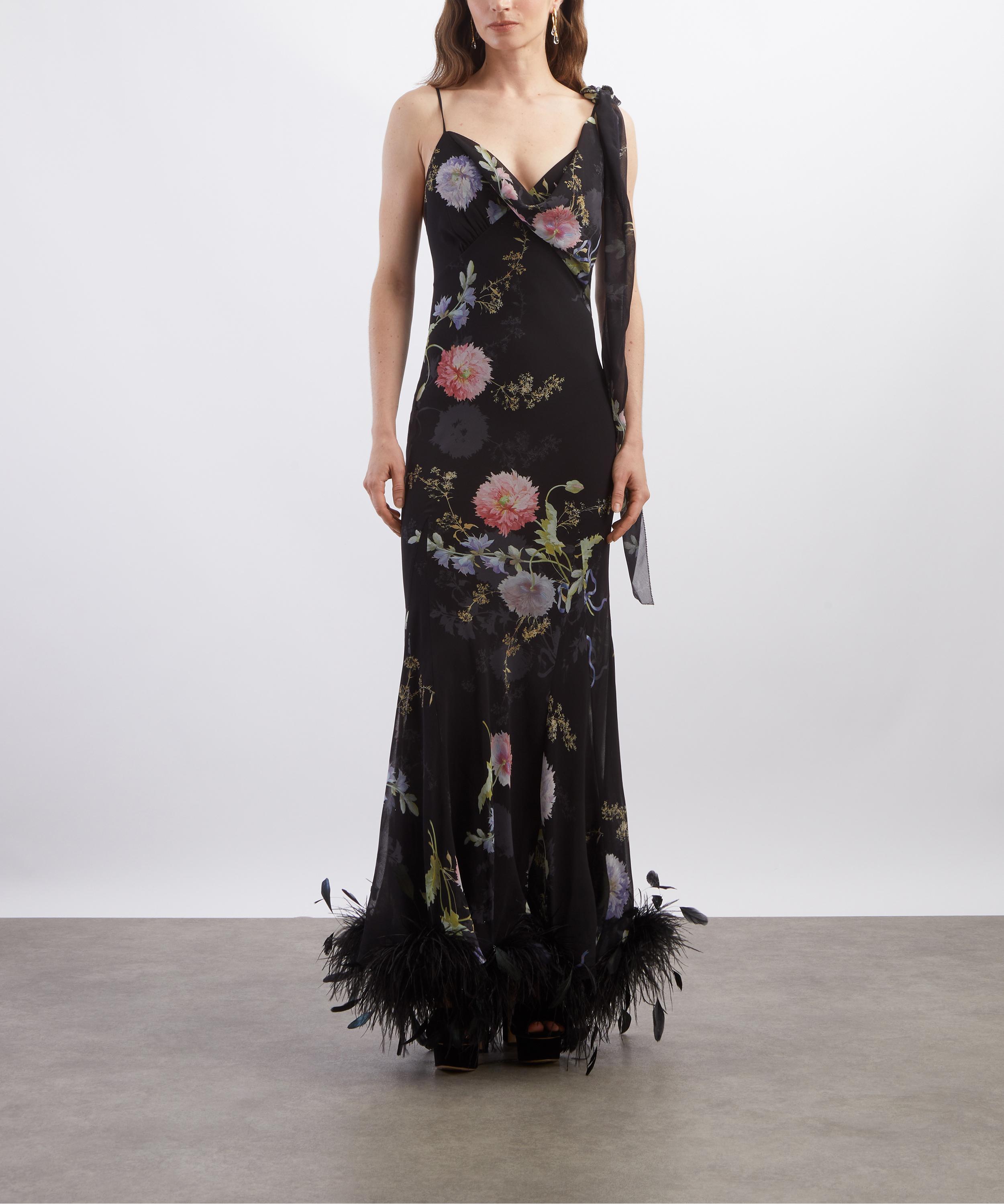 Self-Portrait - Black Floral Georgette Feathered Maxi Dress image number 2