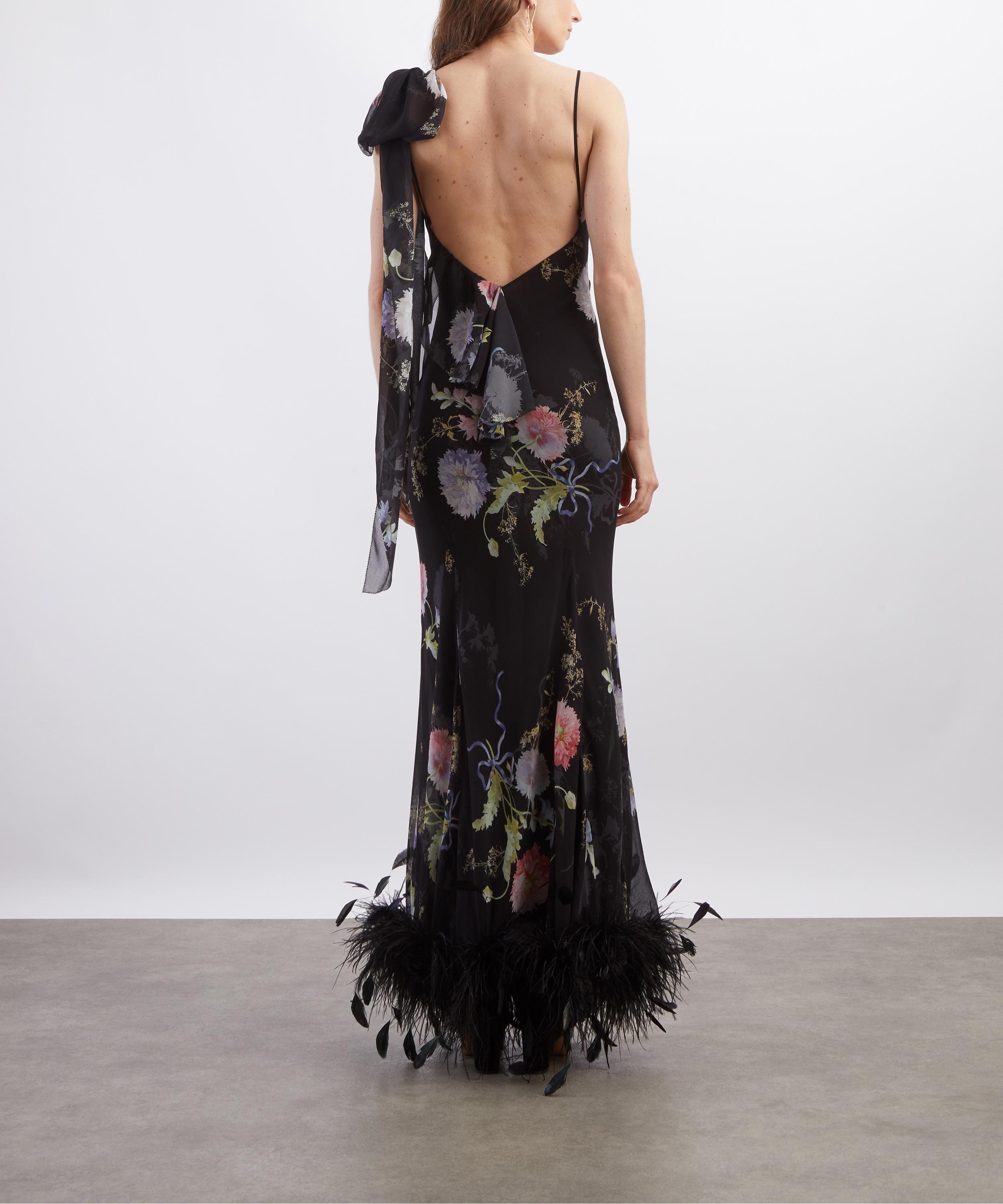 Self-Portrait - Black Floral Georgette Feathered Maxi Dress image number 3