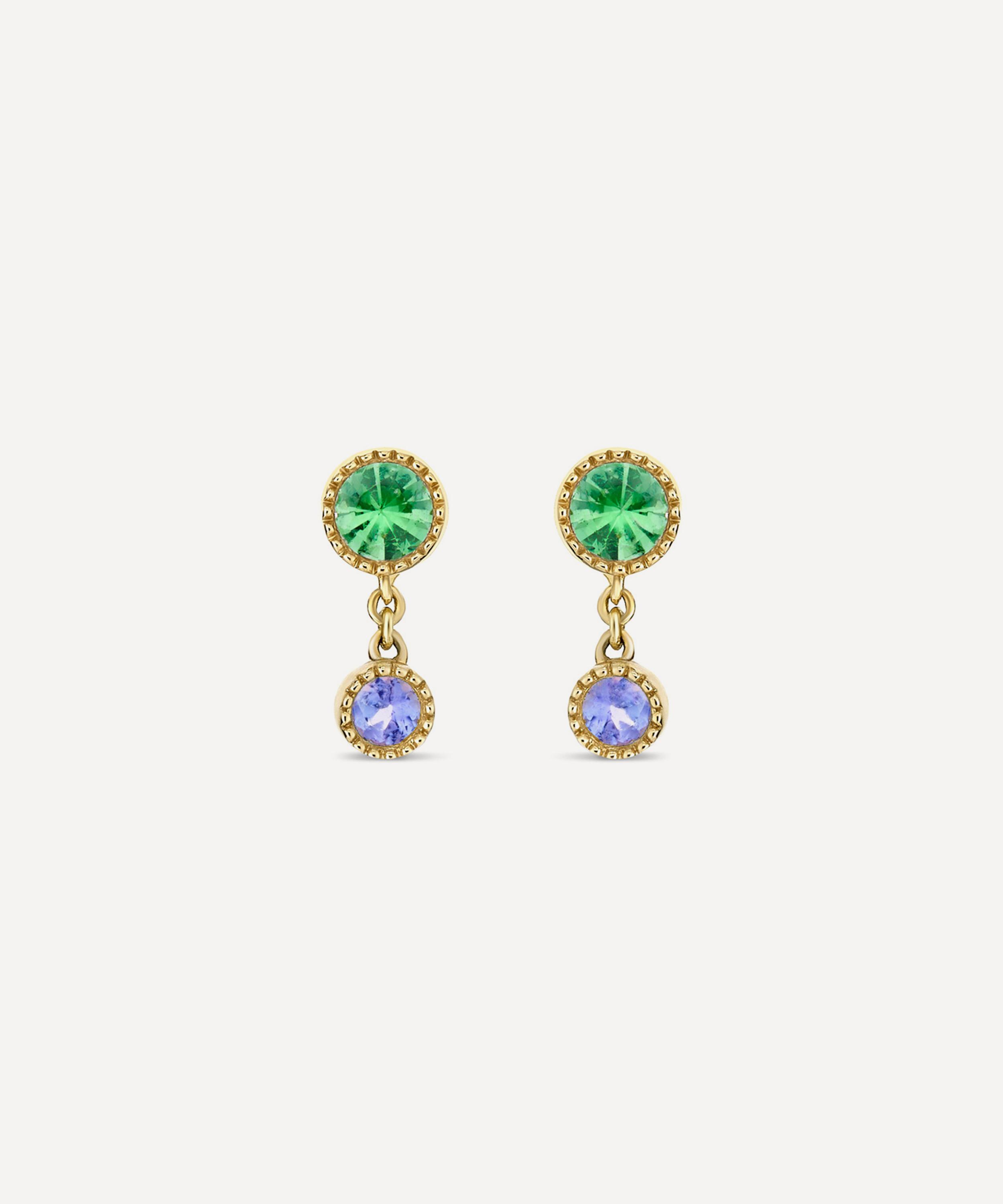 Dinny Hall - 9ct Gold Due Drop Tsavorite and Tanzanite Stud Earrings
