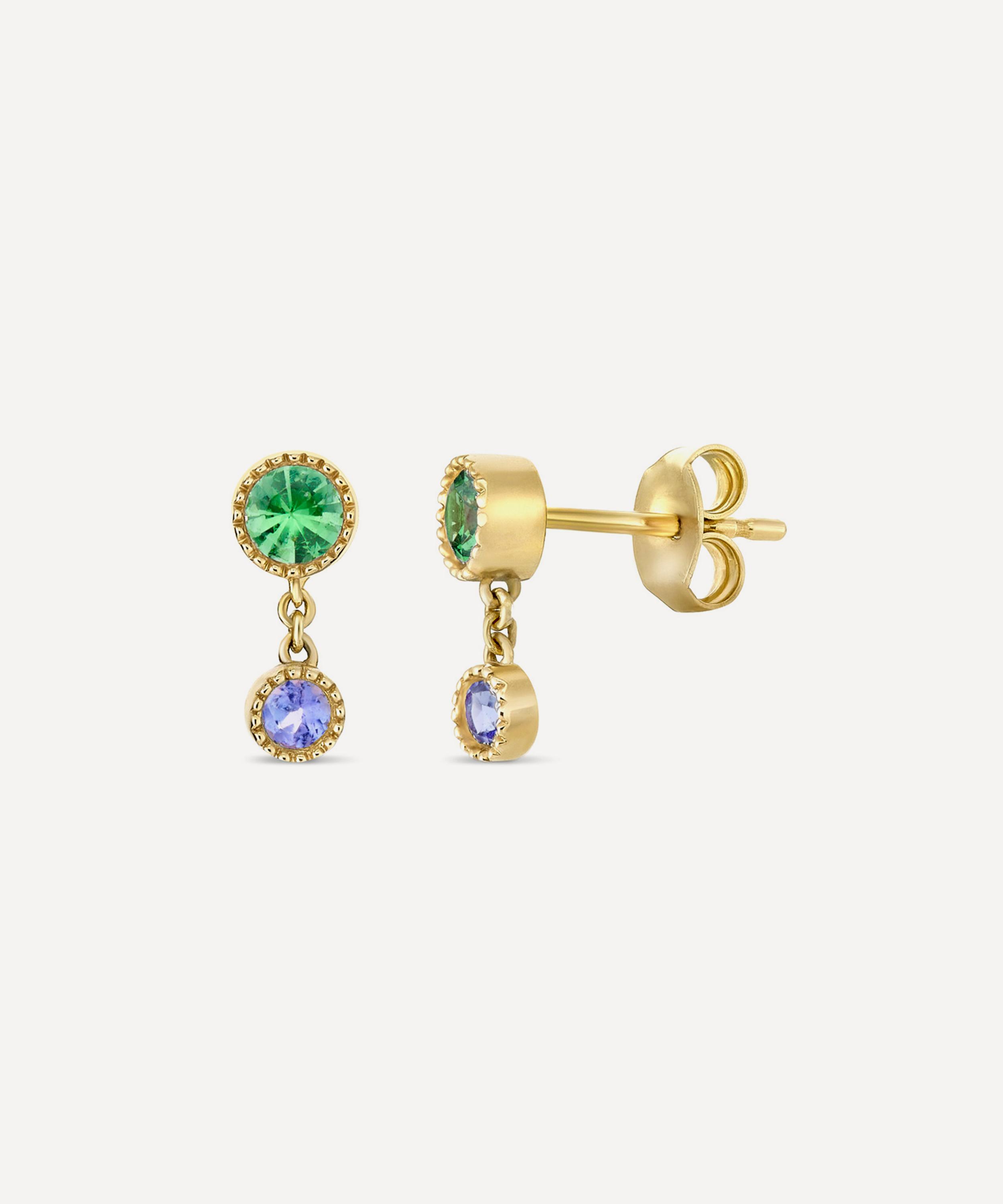 Dinny Hall - 9ct Gold Due Drop Tsavorite and Tanzanite Stud Earrings image number 2