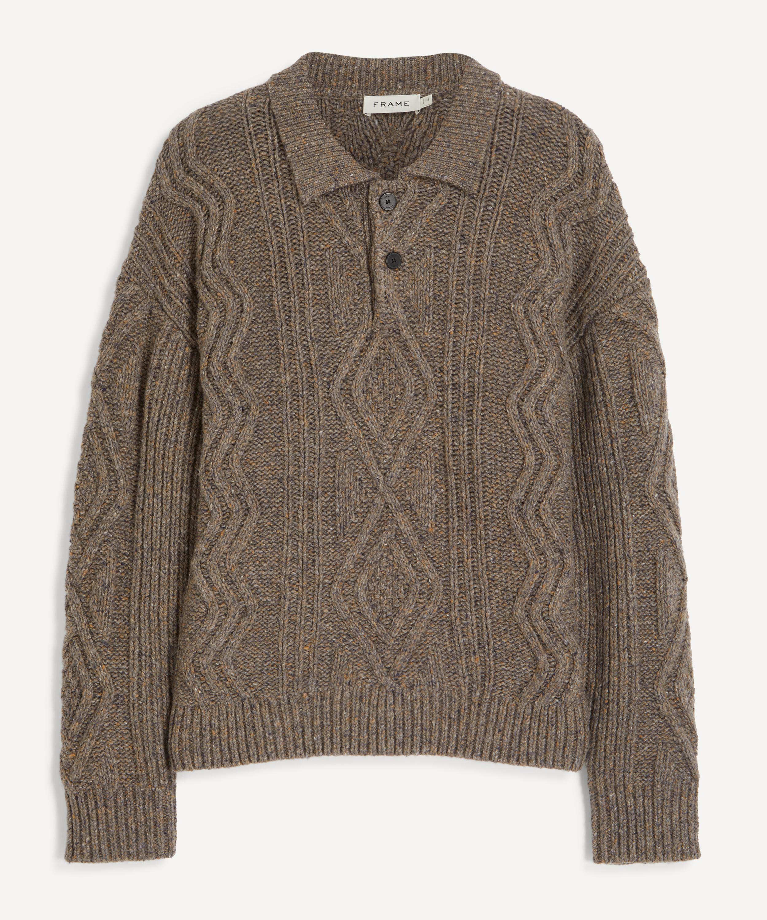 Frame - Brown-Olive Cable-Knit Polo Jumper