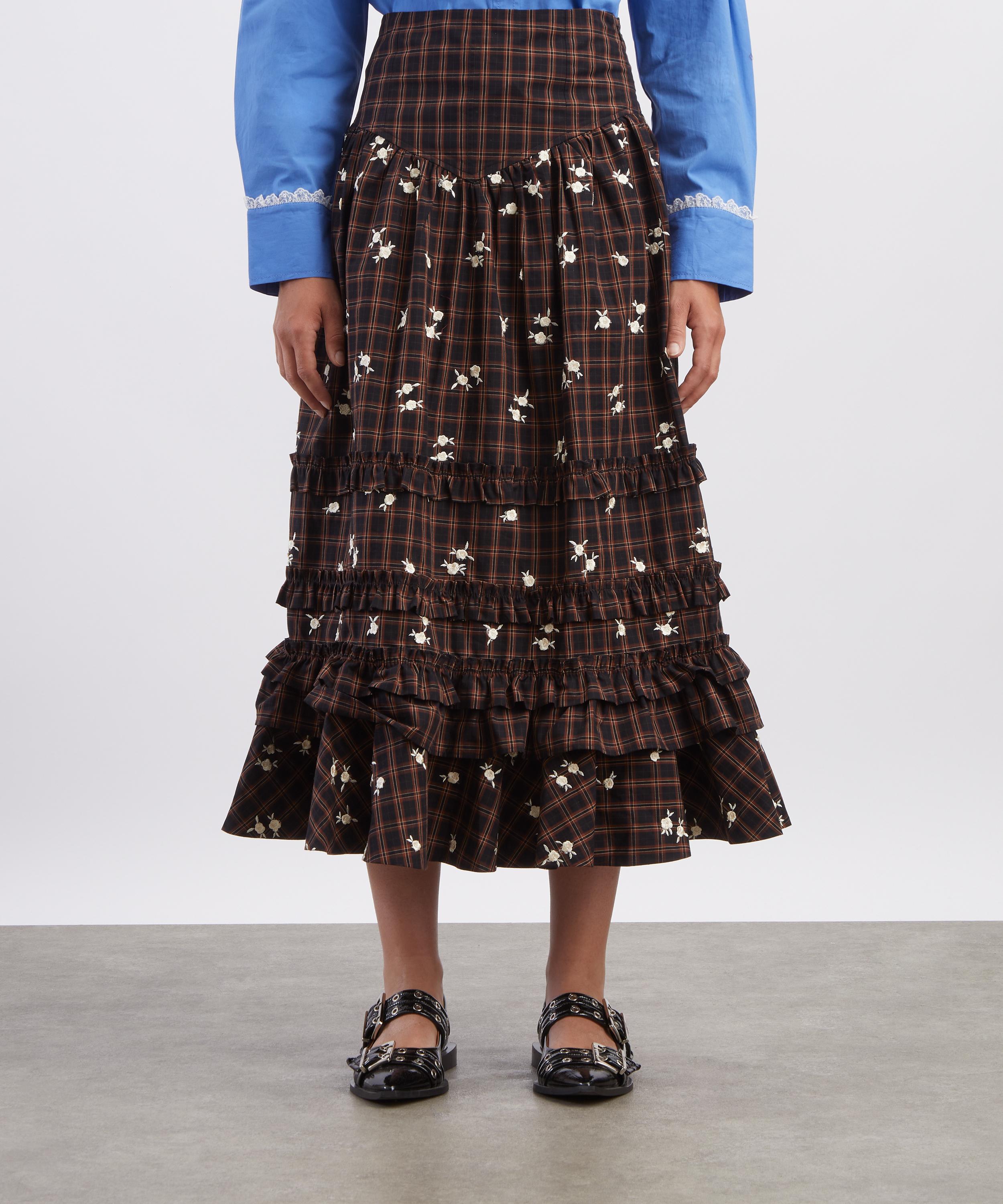 Ganni - Printed Check Cotton Midi Skirt image number 2