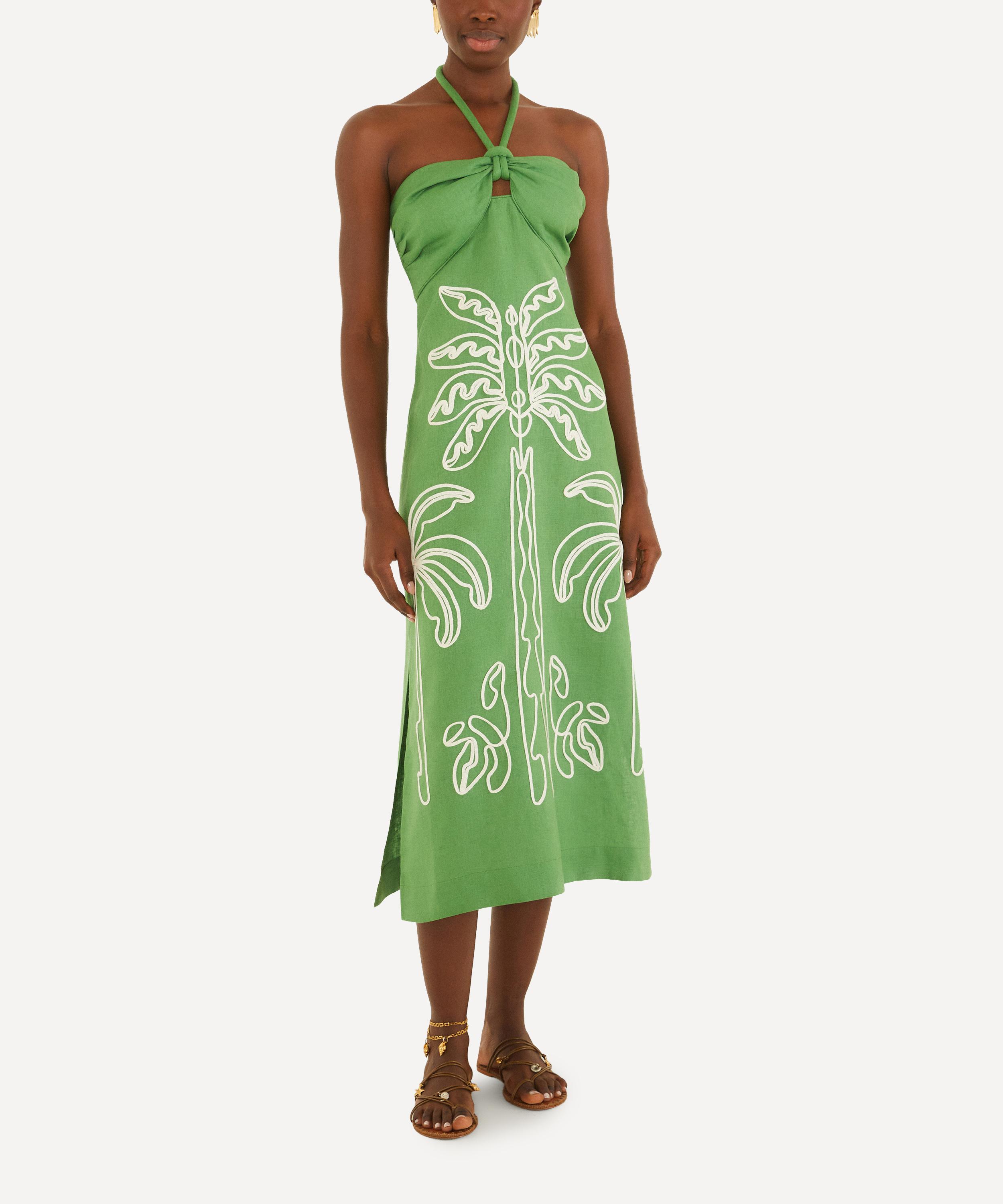 FARM Rio - Green Palm Tree Embroidered Halter Neck Midi Dress&nbsp; image number 0