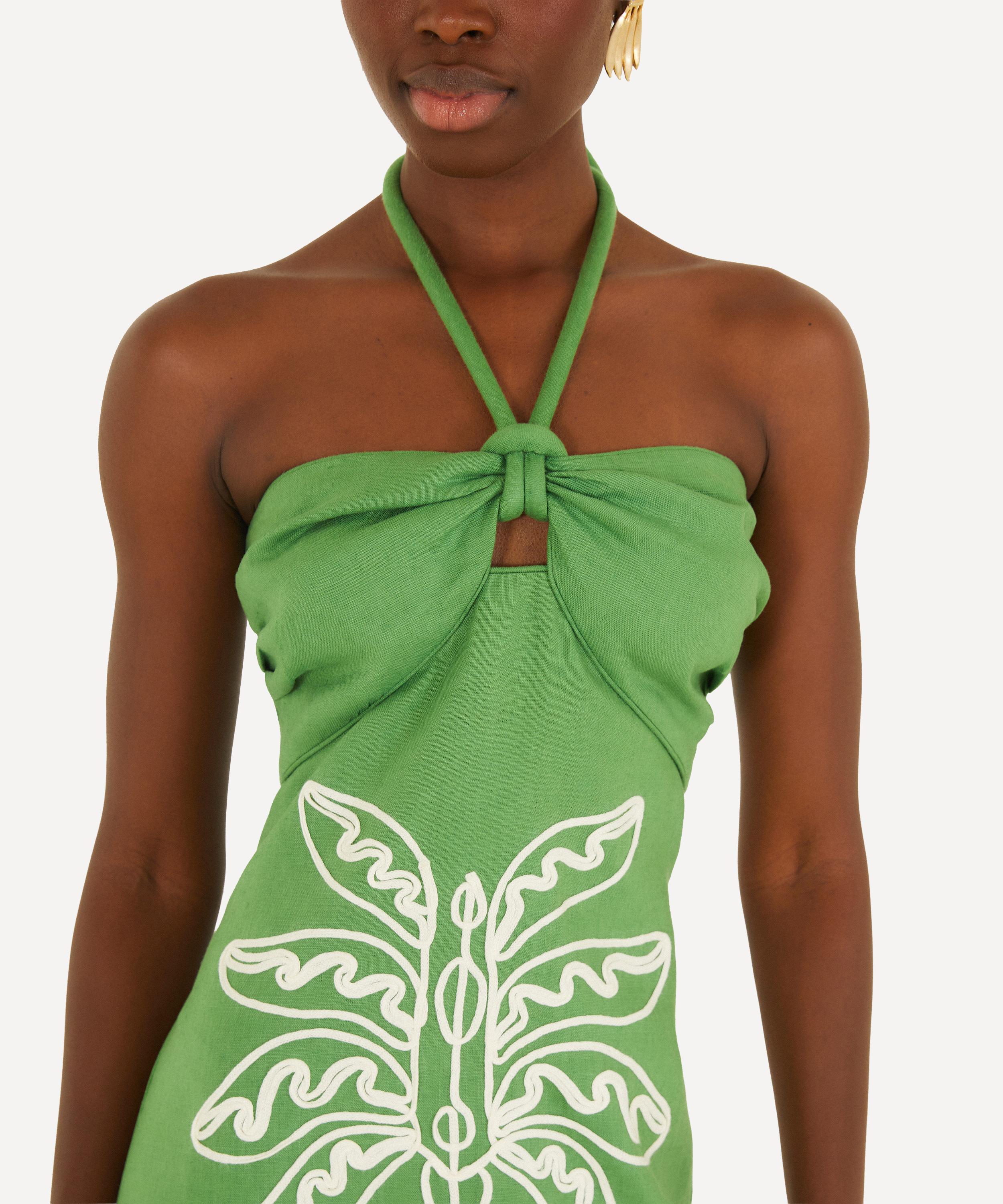 FARM Rio - Green Palm Tree Embroidered Halter Neck Midi Dress&nbsp; image number 1