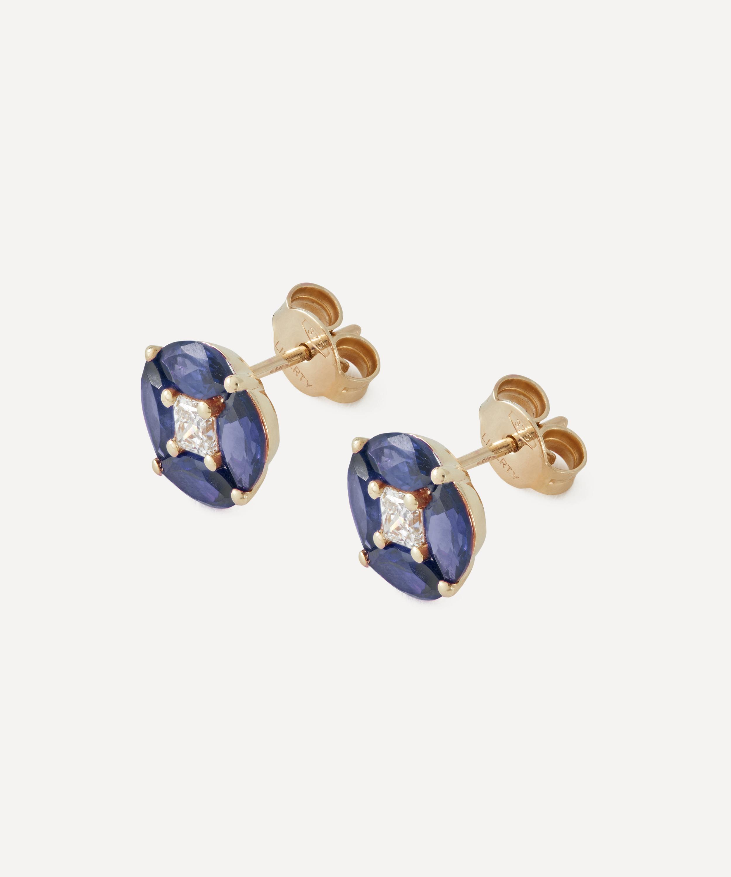 Liberty - 9ct Gold Tudor Rose Blue Sapphire and CVD Diamond Stud Earrings image number 2