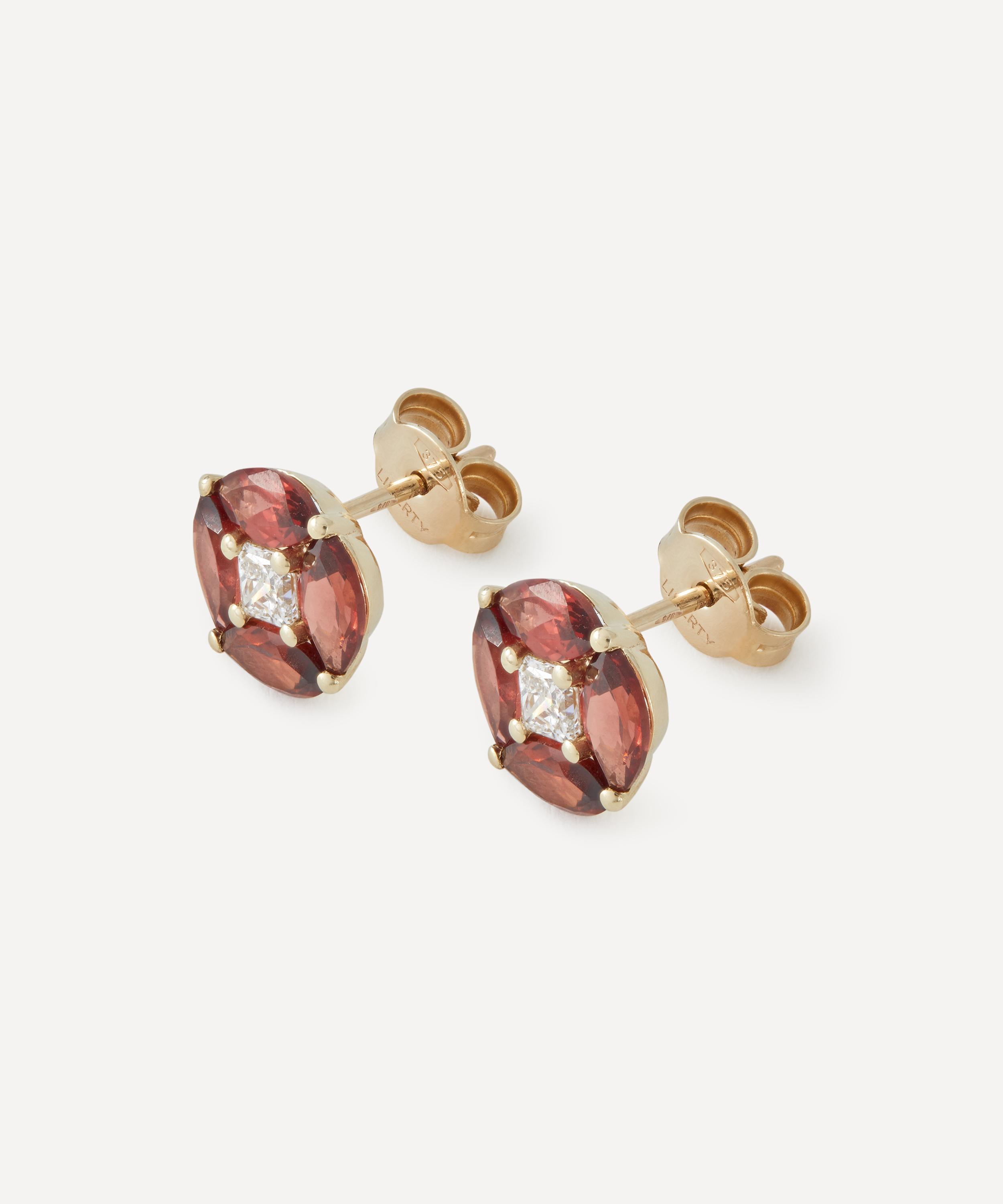 Liberty - 9ct Gold Tudor Rose Garnet and CVD Diamond Stud Earrings image number 2