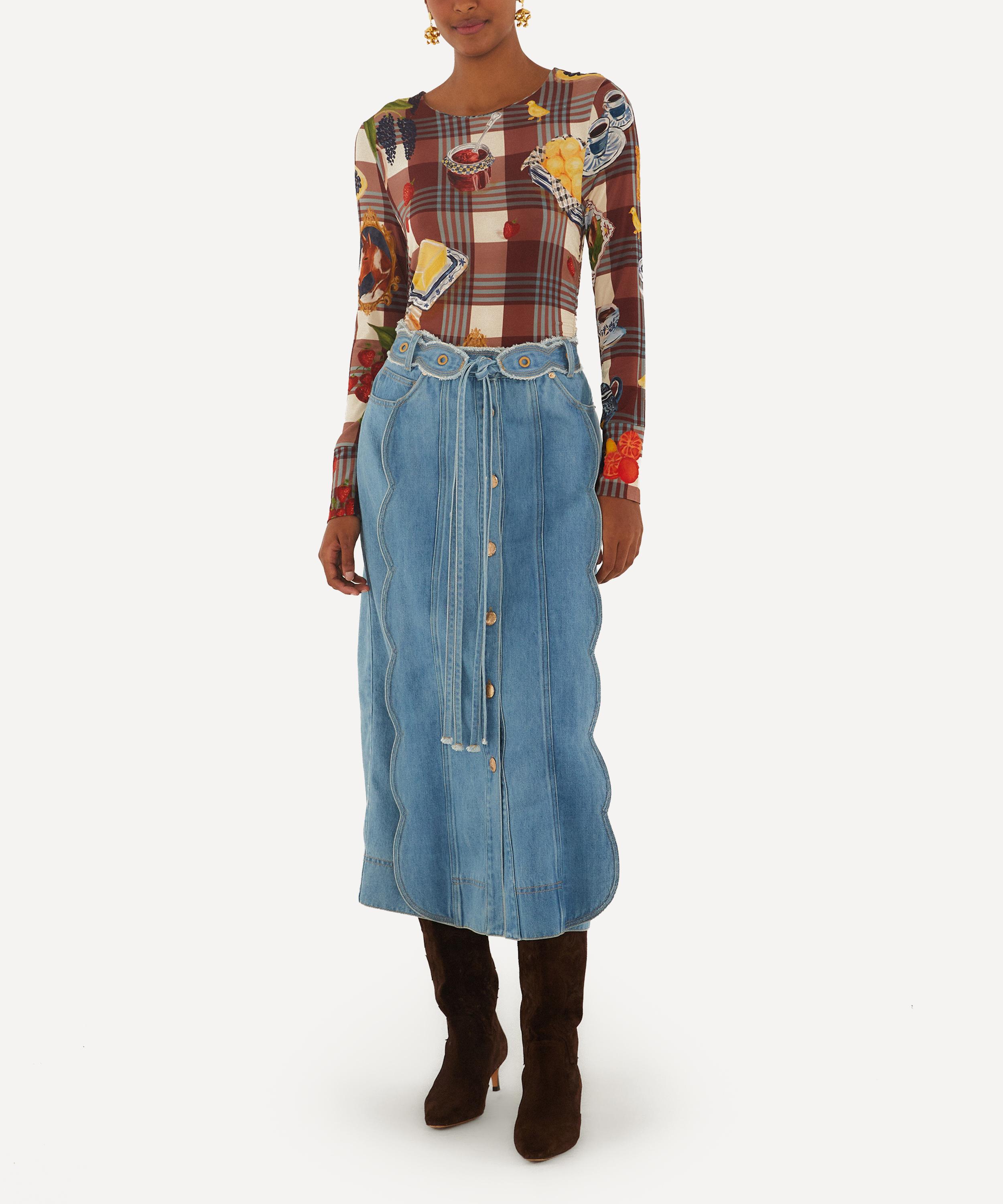 FARM Rio - Denim Buttoned Belted Wavy Midi Skirt image number 0