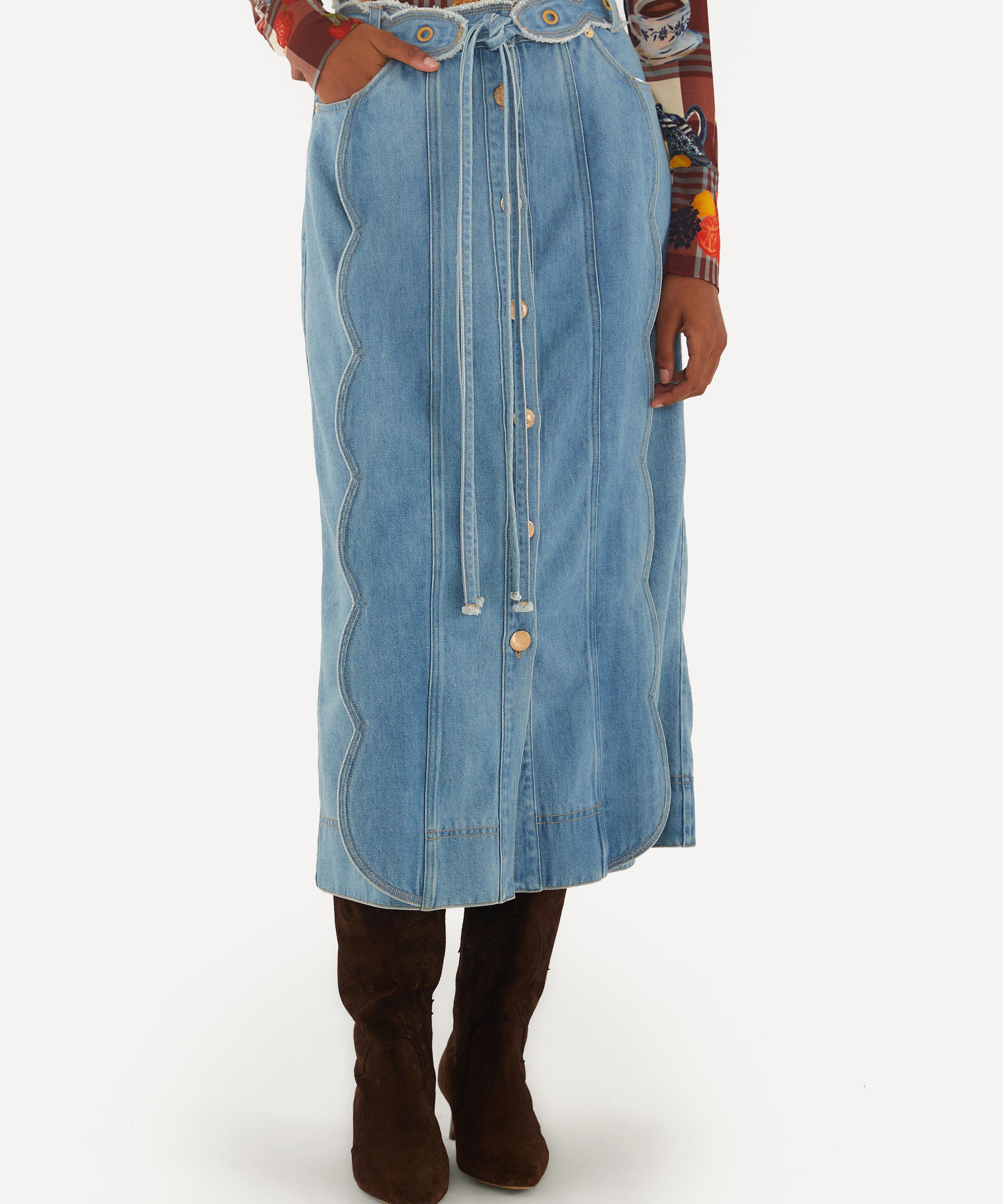 FARM Rio - Denim Buttoned Belted Wavy Midi Skirt image number 1