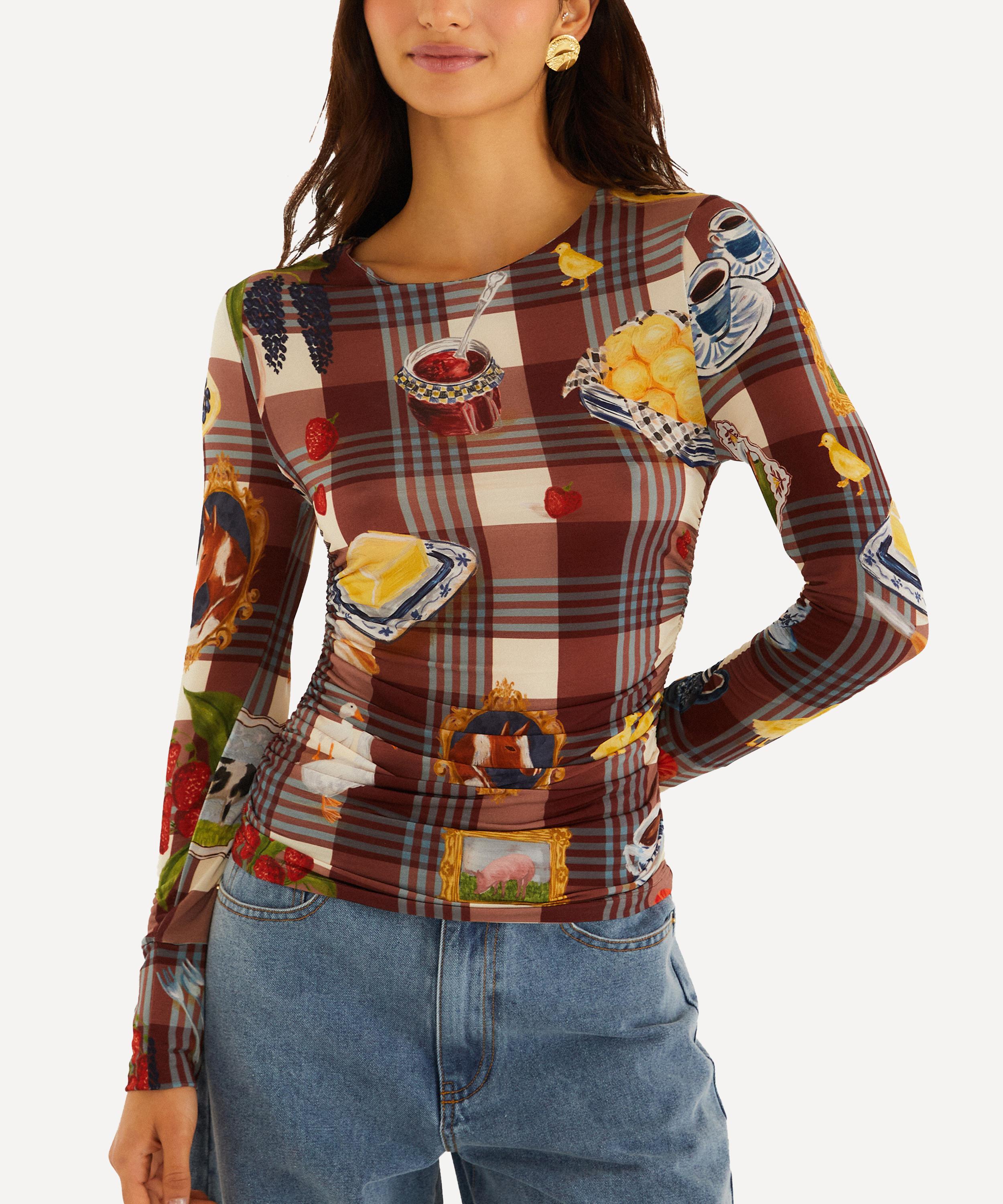 FARM Rio - Brown Country Table Tartan Long-Sleeve Jersey Blouse image number 0