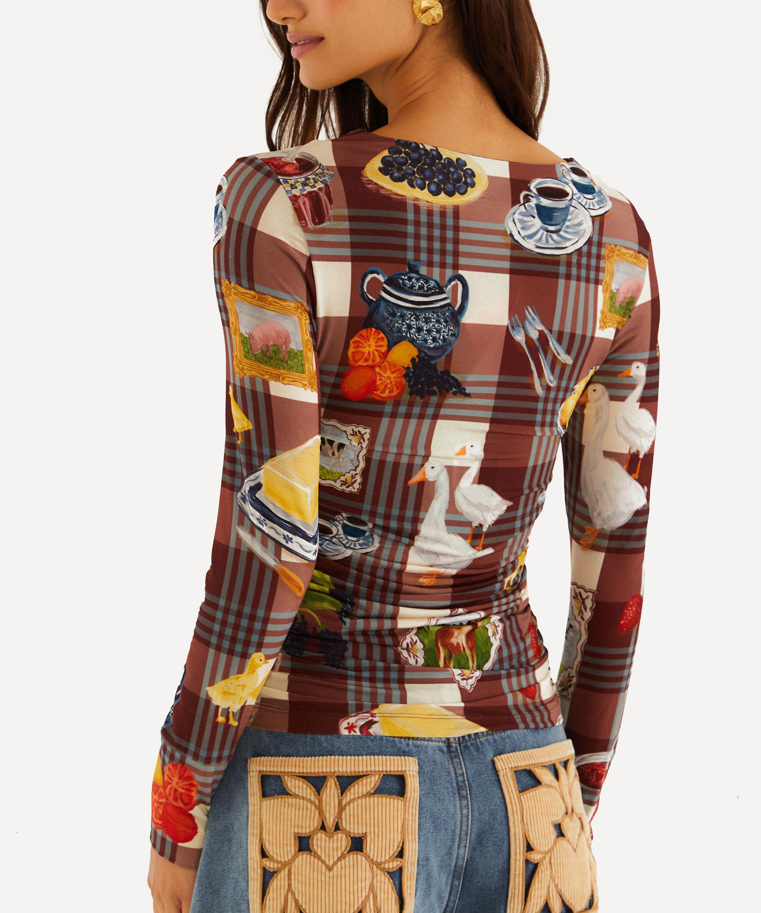 FARM Rio - Brown Country Table Tartan Long-Sleeve Jersey Blouse image number 3