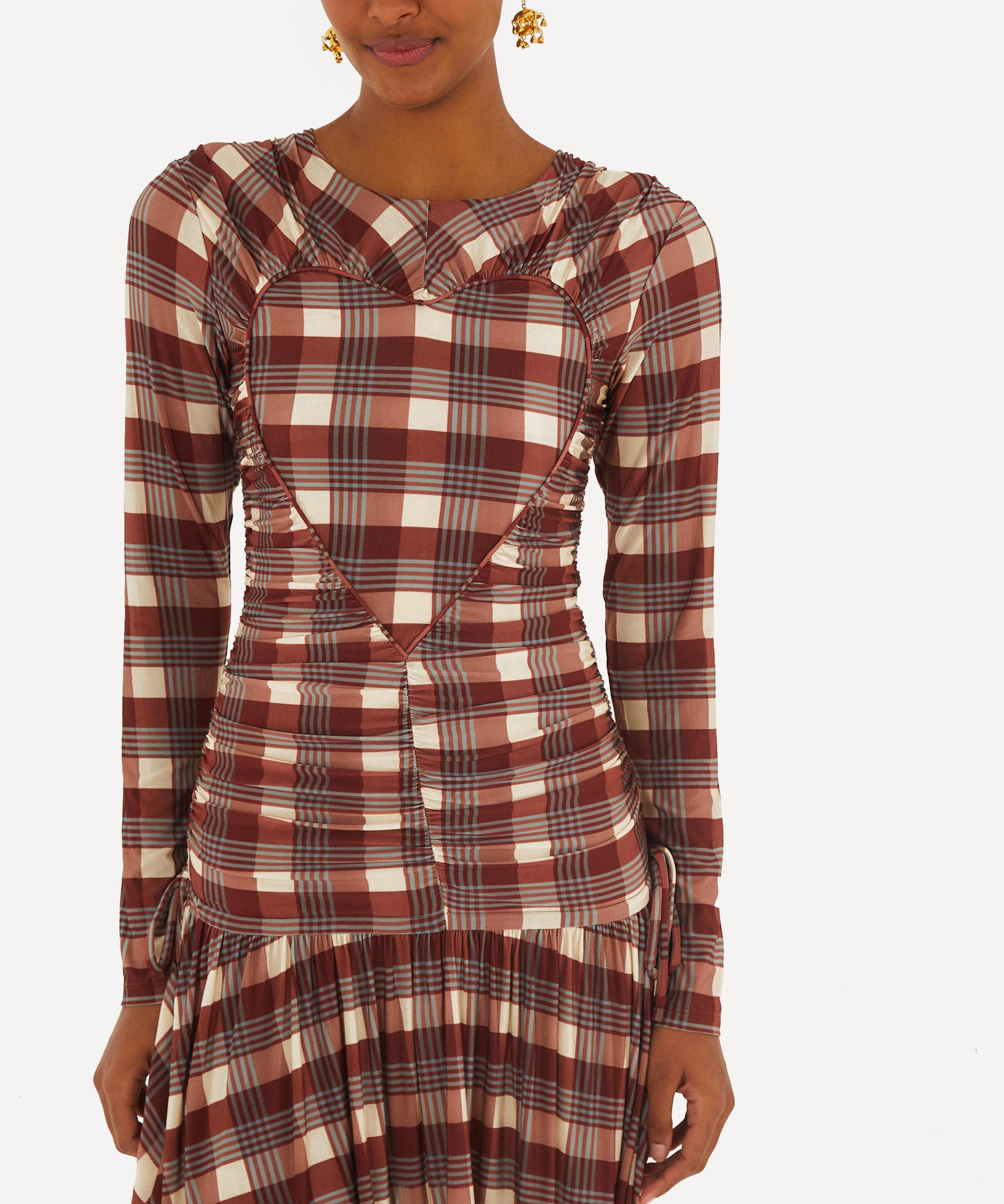 FARM Rio - Brown Country Tartan Heart Ruched Mini Dress image number 3