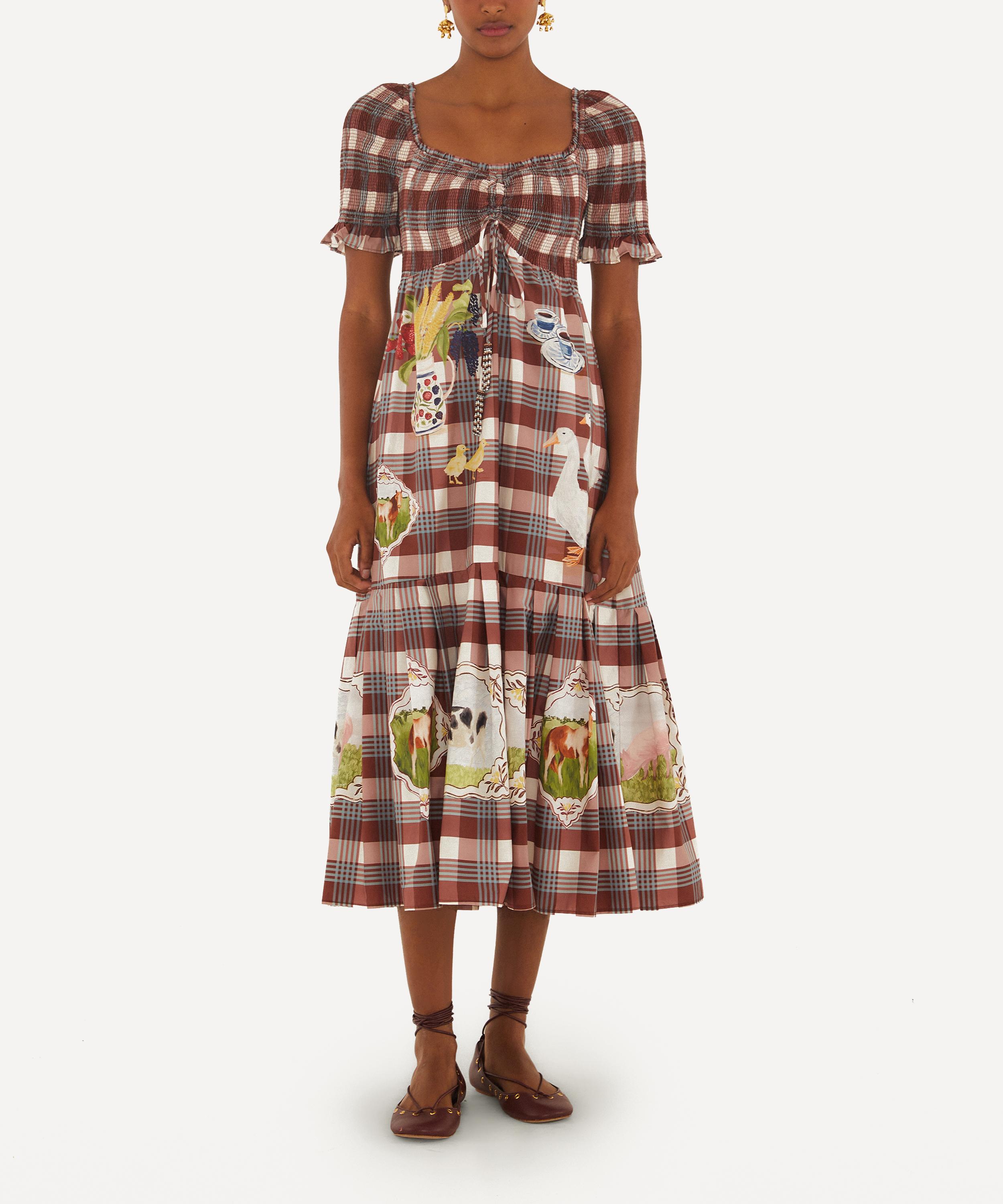 FARM Rio - Brown Country Table Tartan Smocked Maxi Dress image number 0