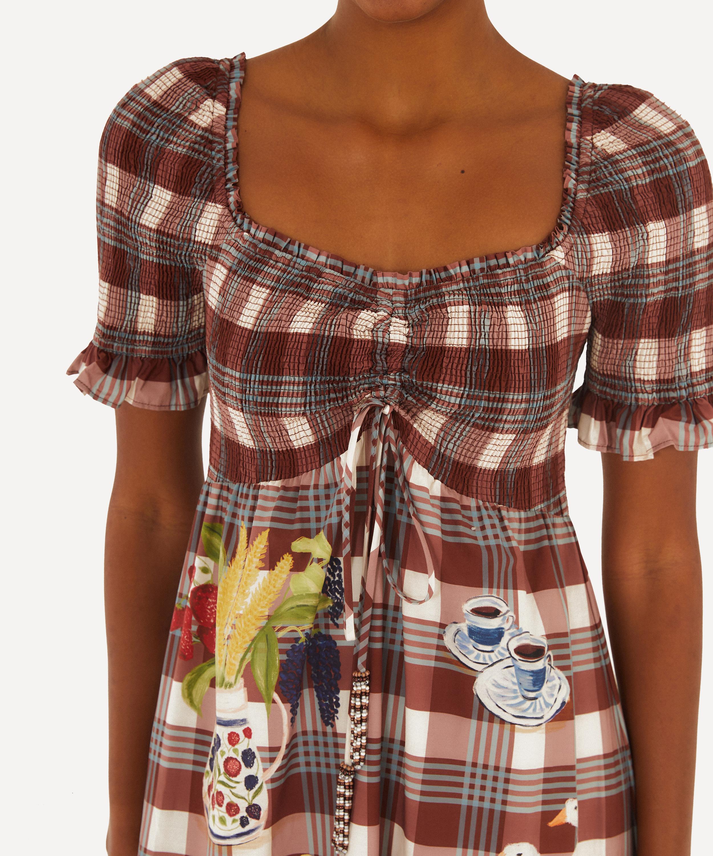 FARM Rio - Brown Country Table Tartan Smocked Maxi Dress image number 1