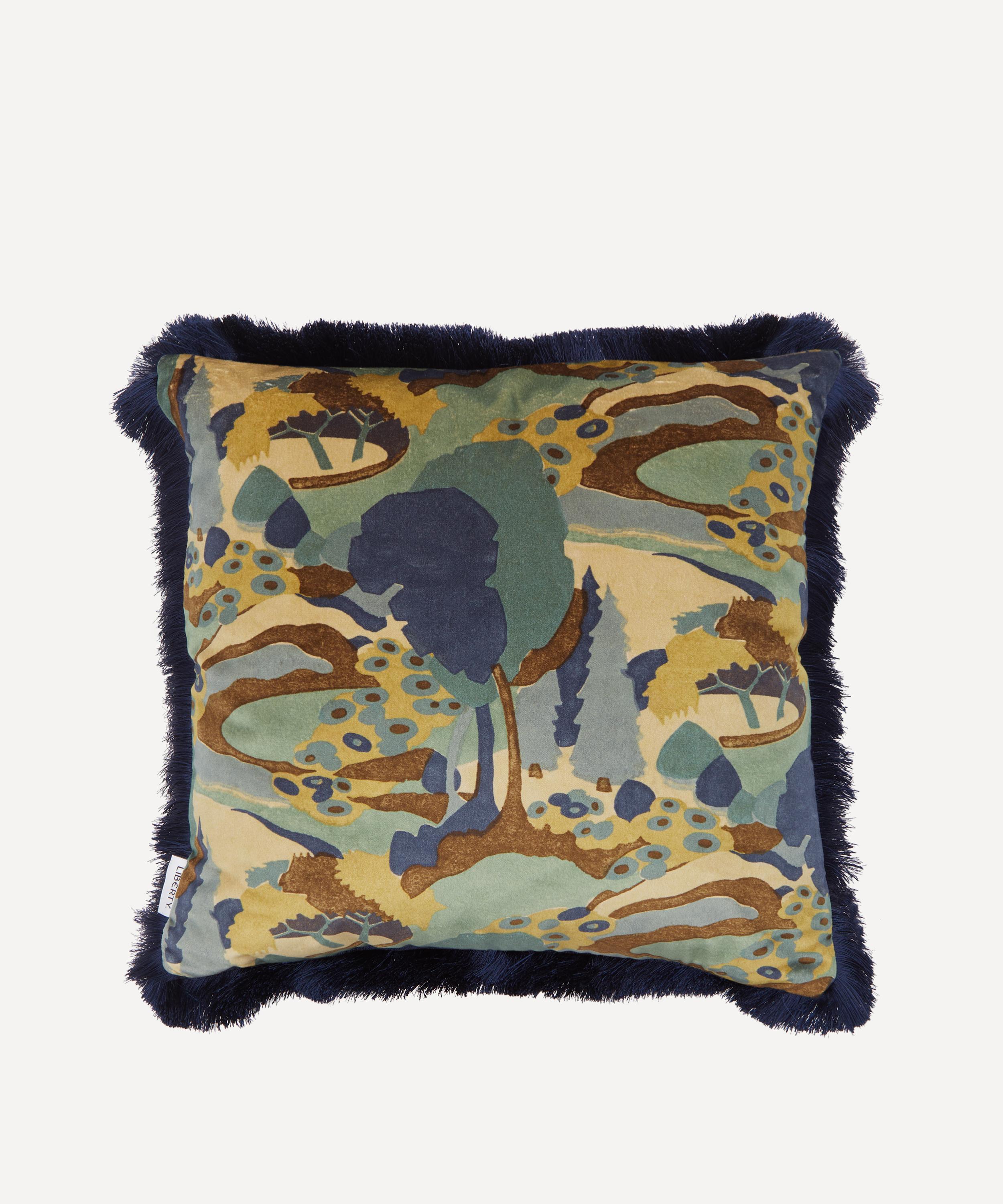 Liberty - Autumn Landscape Navy Velvet Fringed Cushion image number 0