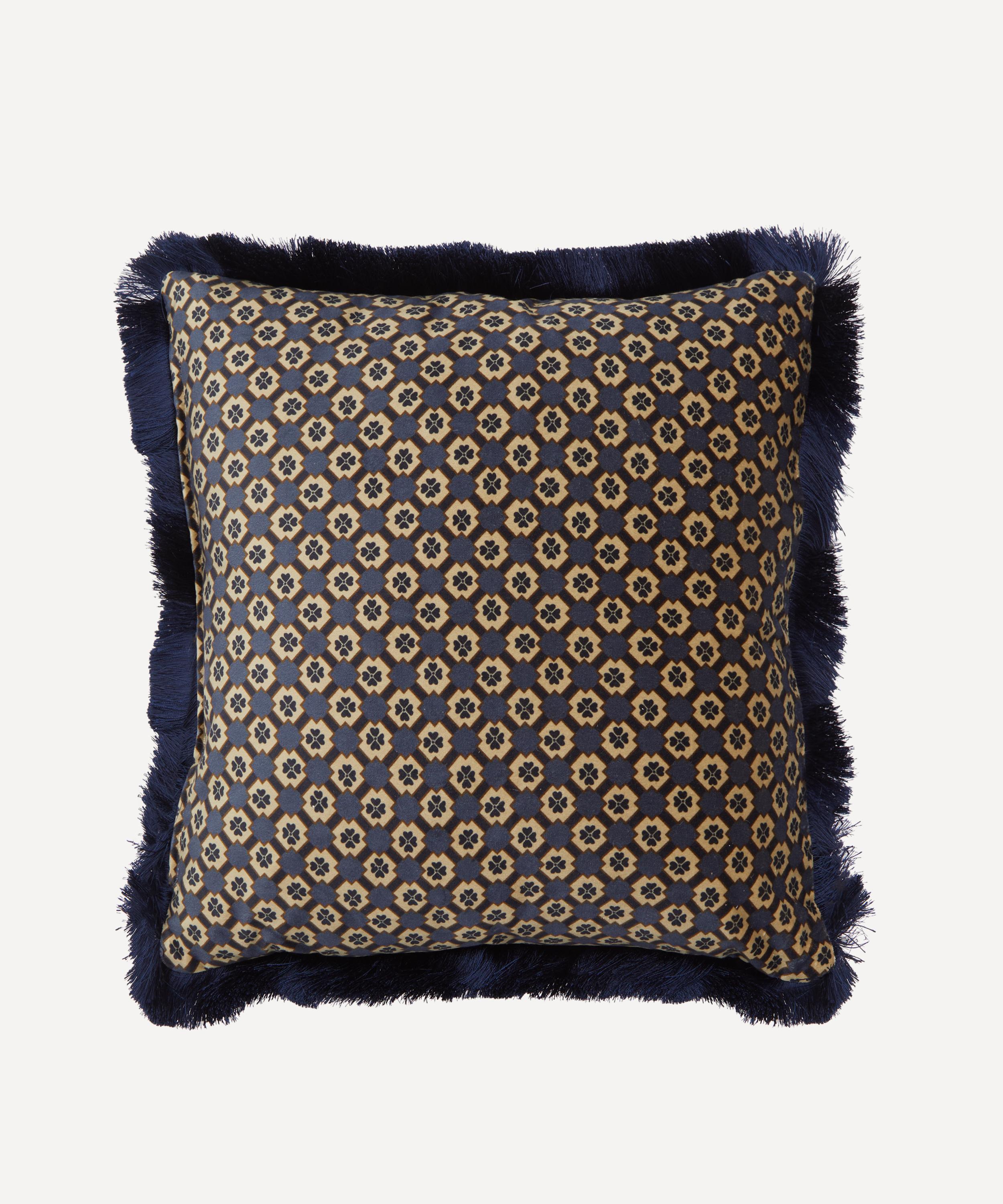 Liberty - Autumn Landscape Navy Velvet Fringed Cushion image number 1